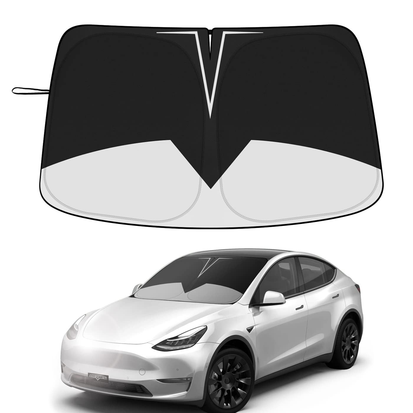 Black Sunshade For Tesla Model 3/Y, Front Windshield Sun Visor, Full-Size Sun Shade, Blocks Uv And Heat, Quick Fold With Storage