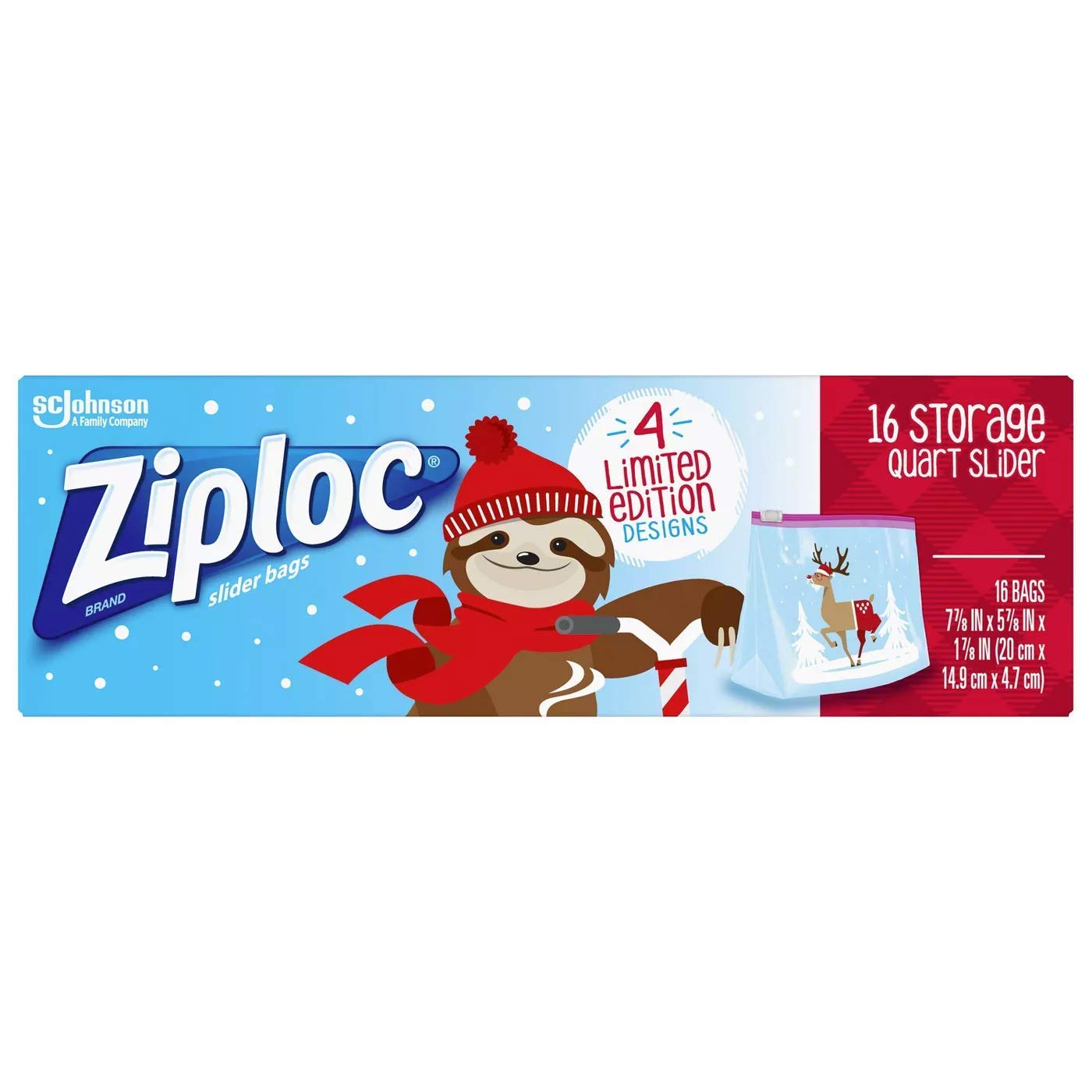 Ziploc Quart Food Storage Slider Bags, Power Shield Technology For More Durability, 16 Count, Holiday Designs, Packaging May Var