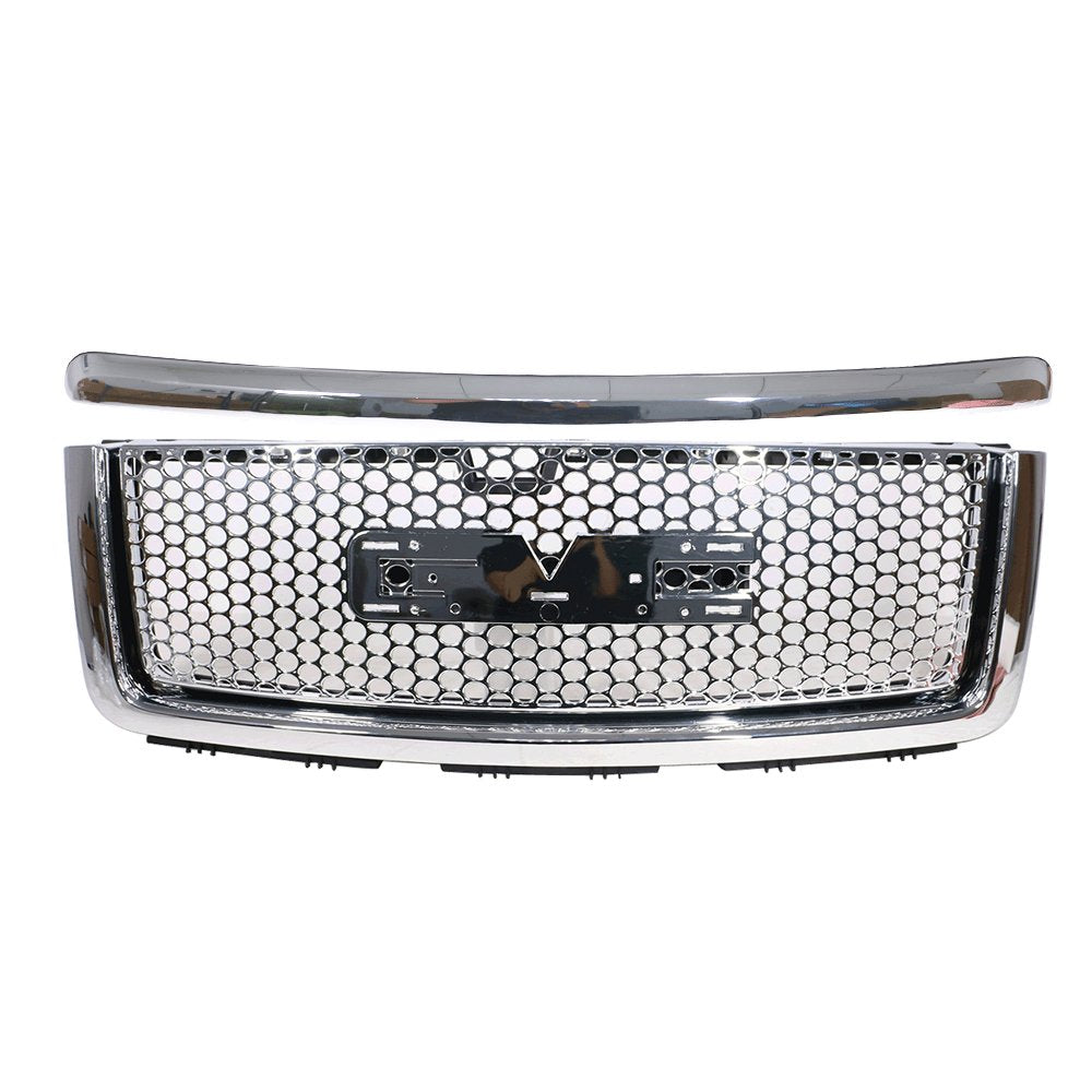 Grille Compatible With 2007-2013 Gmc Sierra 1500 Denali, Abs Plastic Chrome Front Upper Hood Grille + Molding By Ikon Motorsport