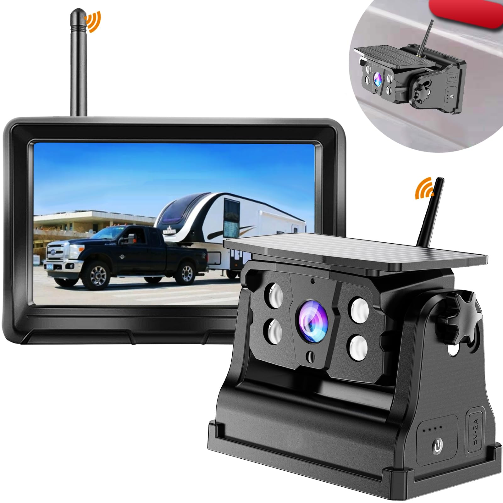 Wireless Backup Camera Solar Magnetic For Car Rv Trailer Truck Camper 5Th Wheels Hitch Towing No Wiring No Drilling Rechargeable
