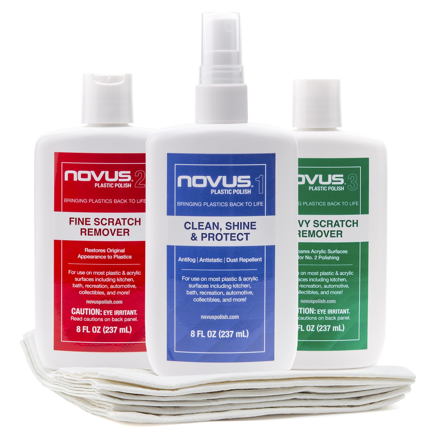 Novus-Pk1-8Oz-Pm | Plastic Clean & Shine #1, Fine Scratch Remover #2, Heavy Scratch Remover #3, And Extra Polish Mates Pack | 8
