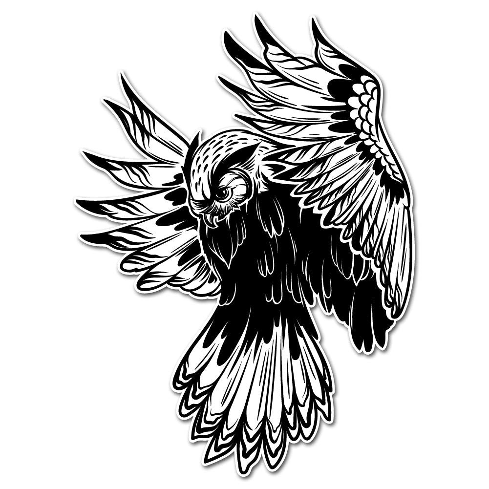 Dark Spark Decals Majestic Flying Black And White Owl - 4 Inch Full Color Vinyl Decal For Indoor Or Outdoor Use, Cars, Laptops,