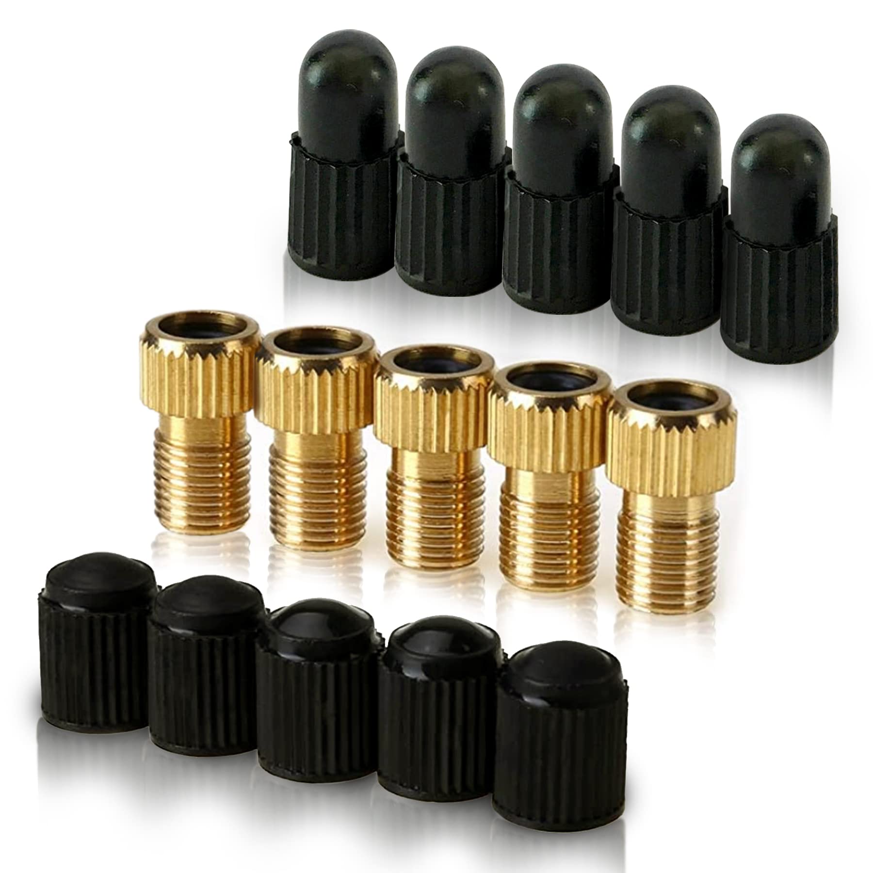 Brass Presta Valve Adaptor (Pack Of 5 + 10 Caps) - Convert Presta To Schrader For All Types Of Bikes, E-Bikes, And E-Scooters -
