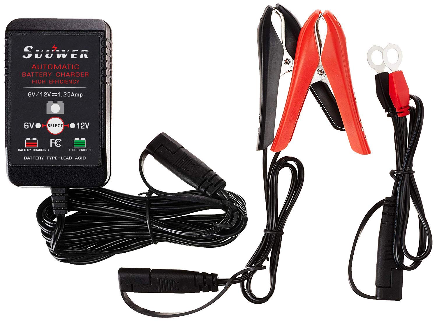 Suuwer 1.25-Amp Trickle Battery Charger 6V/12V Fully-Automatic Smart Battery Maintainer For Motorcycle, Atv, Boat, Lawn Mower An