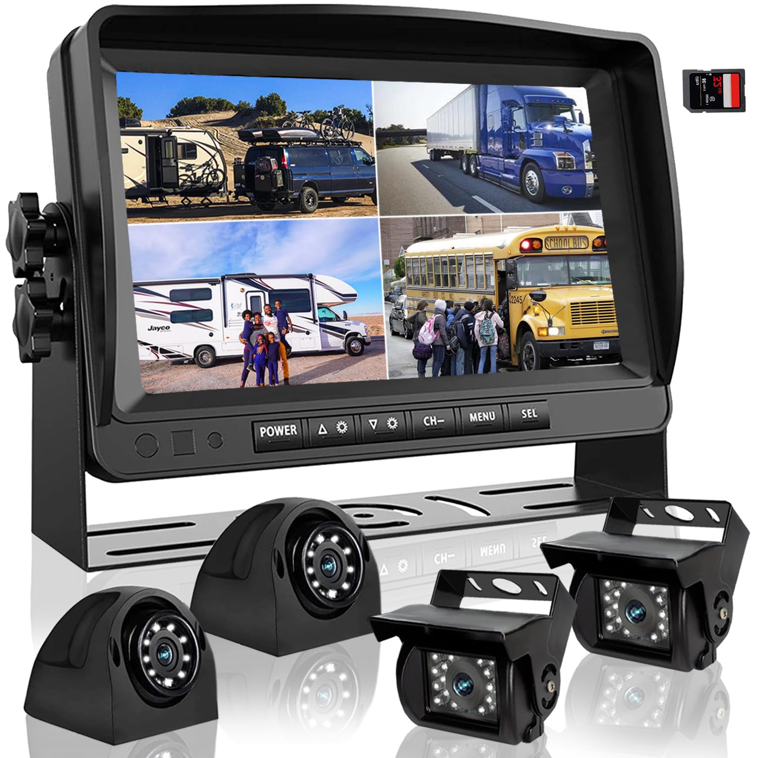 Backup Camera System With 9'' Quad Split 1080P Monitor For Rv Trailer Semi Truck Camper Bus & 4 Ahd Rear Side View Camera With D