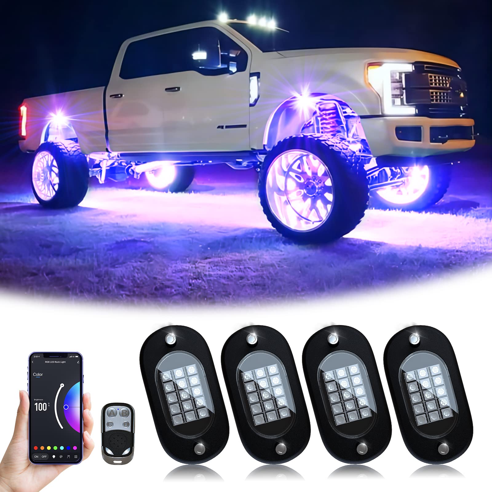 Yilaie Rgb Led Rock Lights, 60 Leds High Brightness Multifunction Neon Underglow Kit Waterproof Light With App/Rf Control Multic
