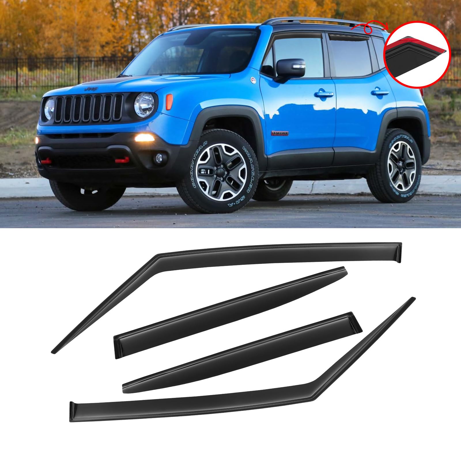 Cmvt Auto Window Visors For Jeep Renegade 2015-2024, Rain Guards Shields Vent Shade Deflector Dark Smoke 2016 2017 2018 2019 202