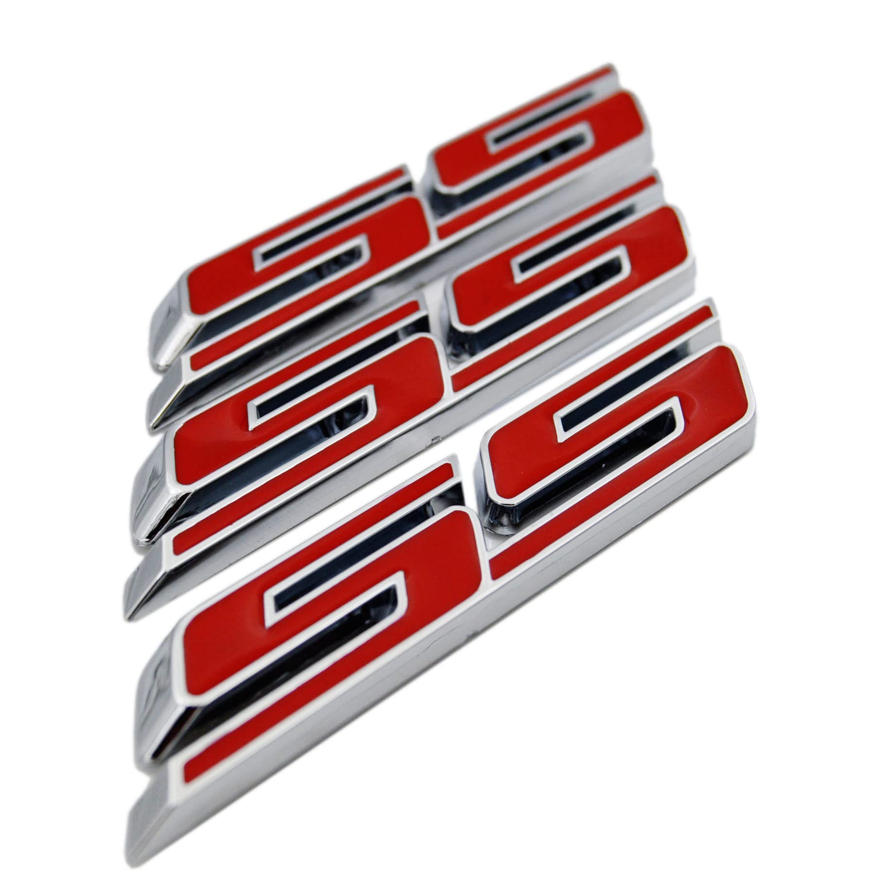 (3 Pieces) Small Slant Ss Grill Side Trunk Emblem Badge Decal With Sticker For Chevy Impala Cobalt Camaro 2010-2016 [Red Letter