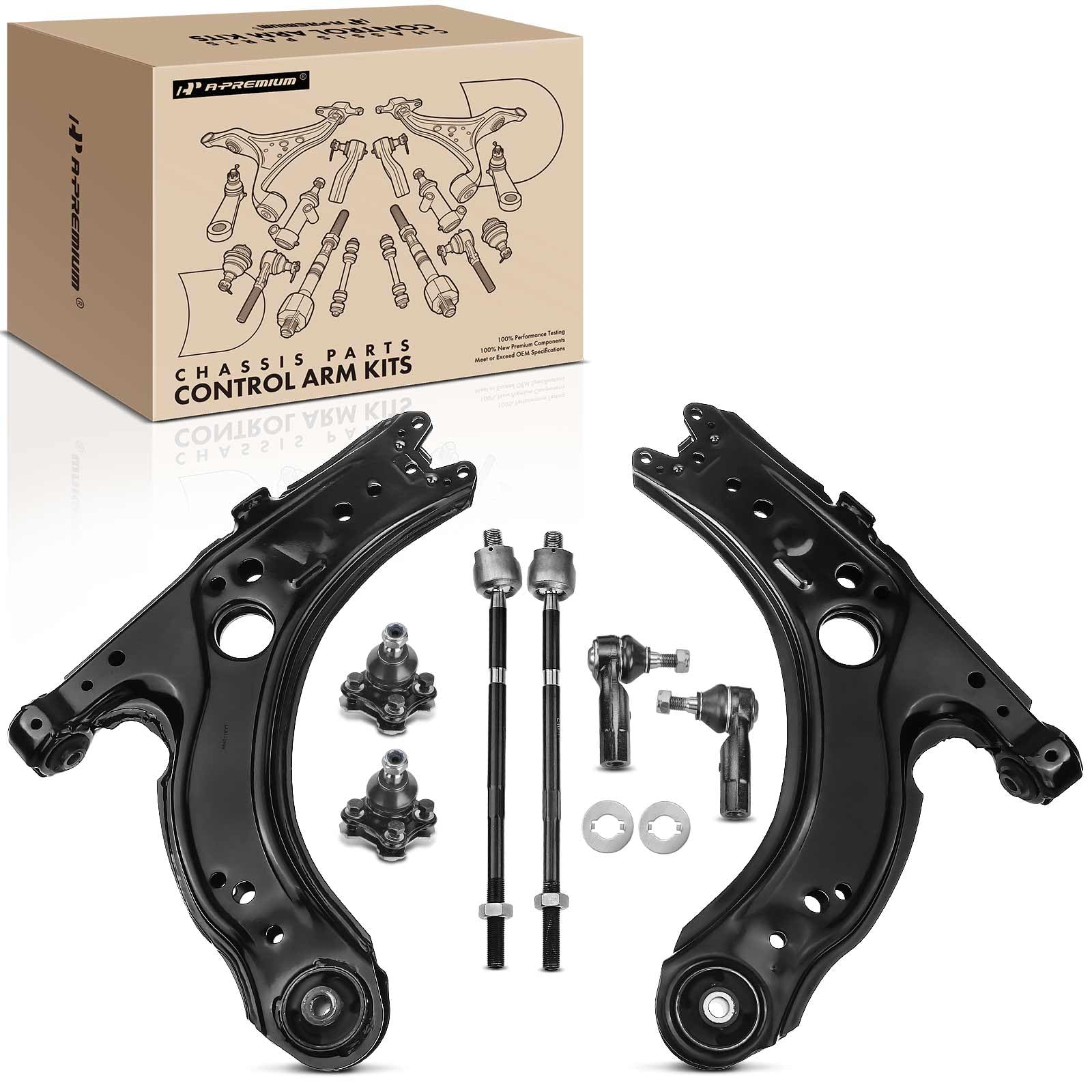 A-Premium Set Of 8, Front Lower Control Arm, Lower Ball Joint, Inner Outer Tie Rod End, Compatible With Volkswagen Jetta 1999-20