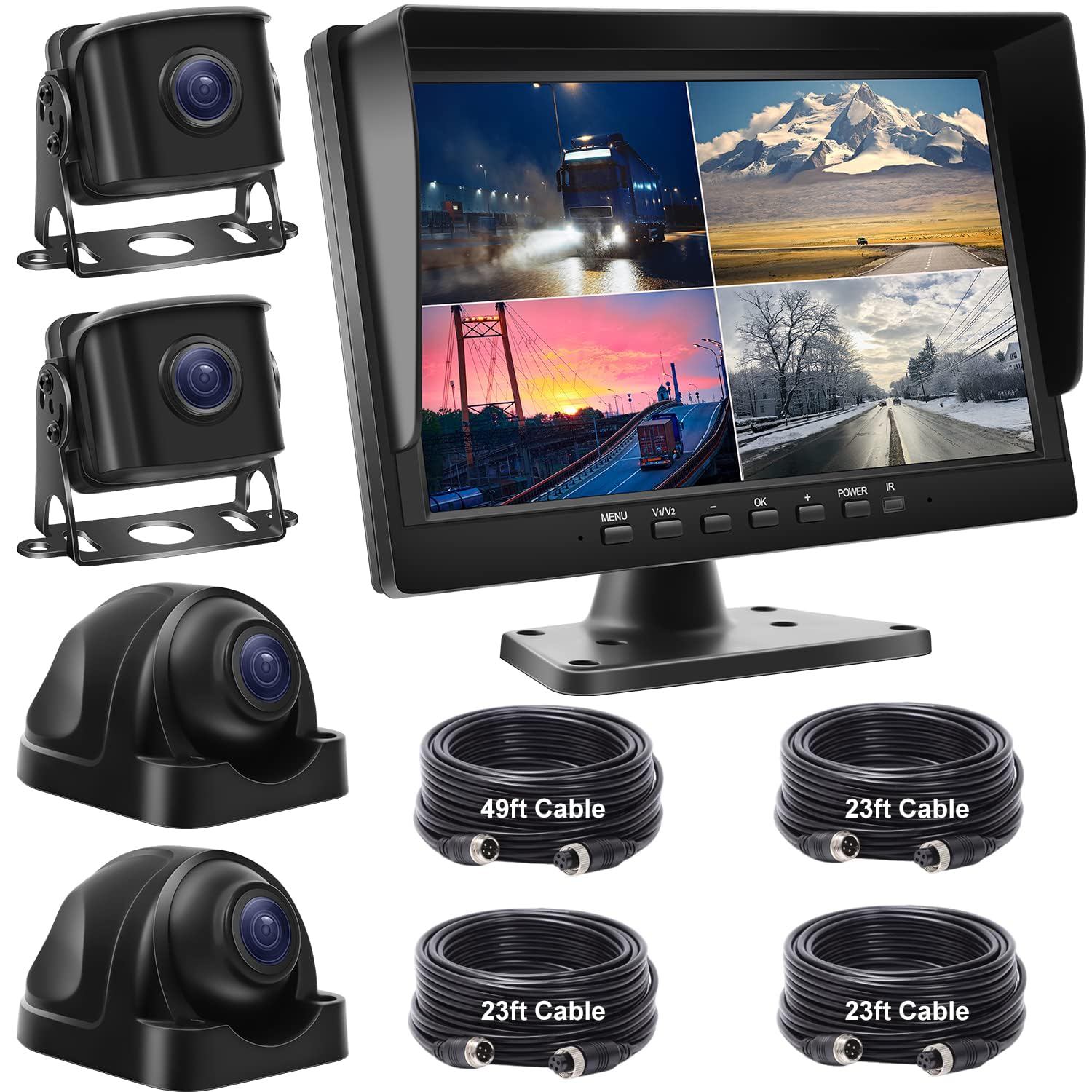 Wired Backup Camera System With 10.1 Ips Monitor For Truck Rv Trailer Bus, Rear View Camera, With Side Front View Camera, 4 Spli