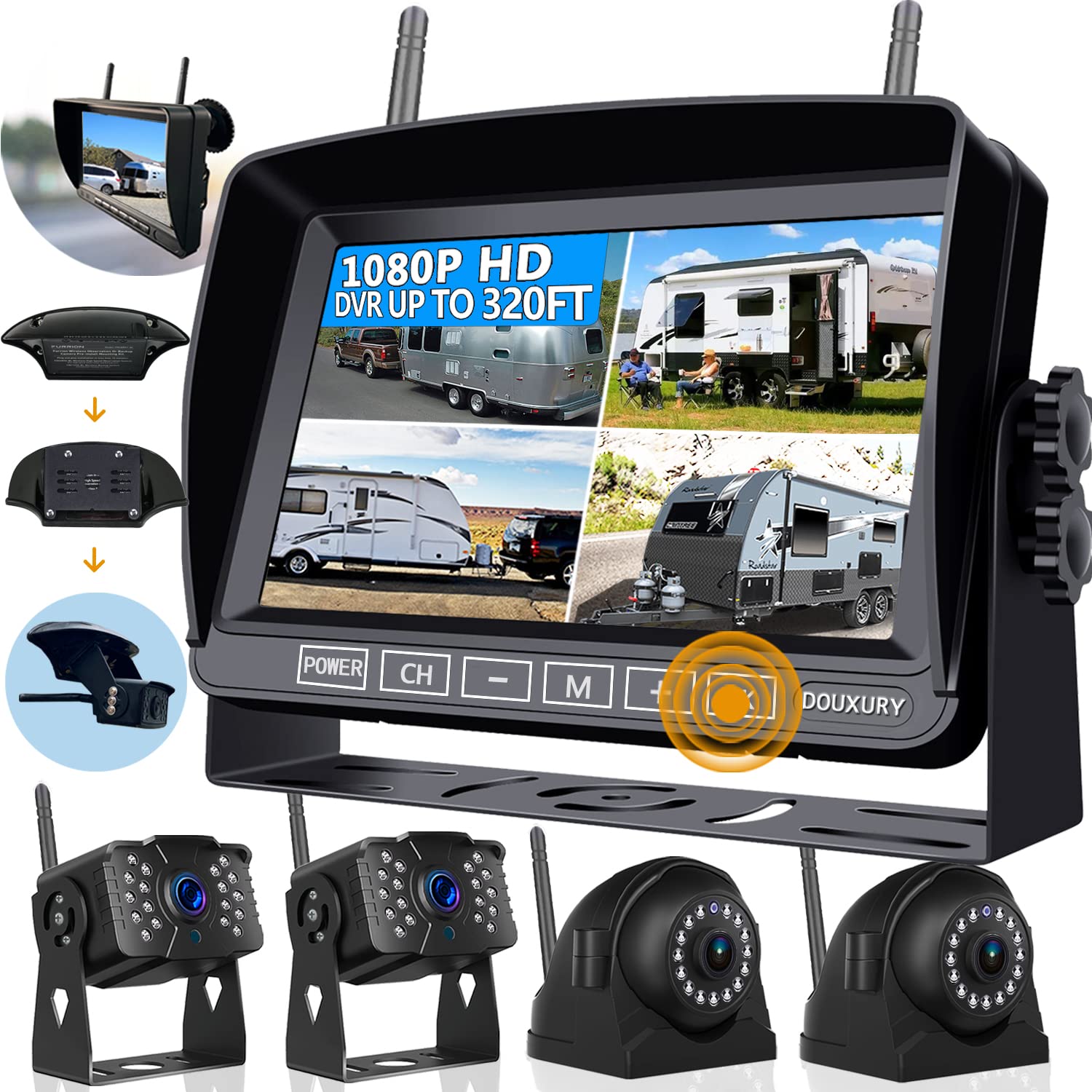 Wireless Rv Backup Camera For Trailer Truck Camper Digital Rear Side View Cameras & Hd 1080P 4 Splits 7'' Dvr Screen With Adapte