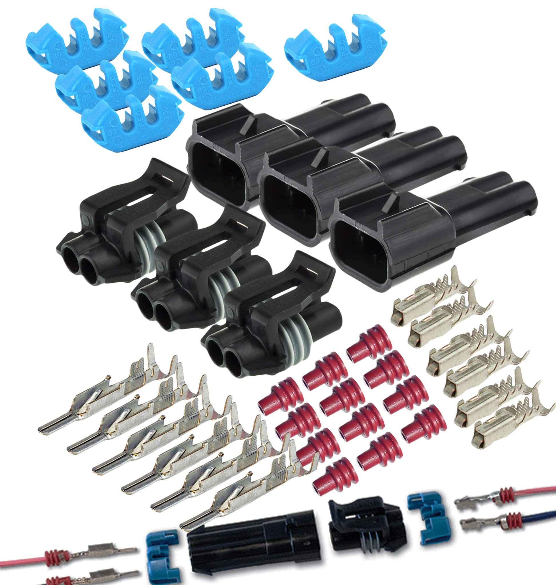 (3 Set) Aptiv Metri-Pack 150 Series 2-Way Connector W/16-18-20-22 Awg Sealed Waterproof (16-18 Ga)