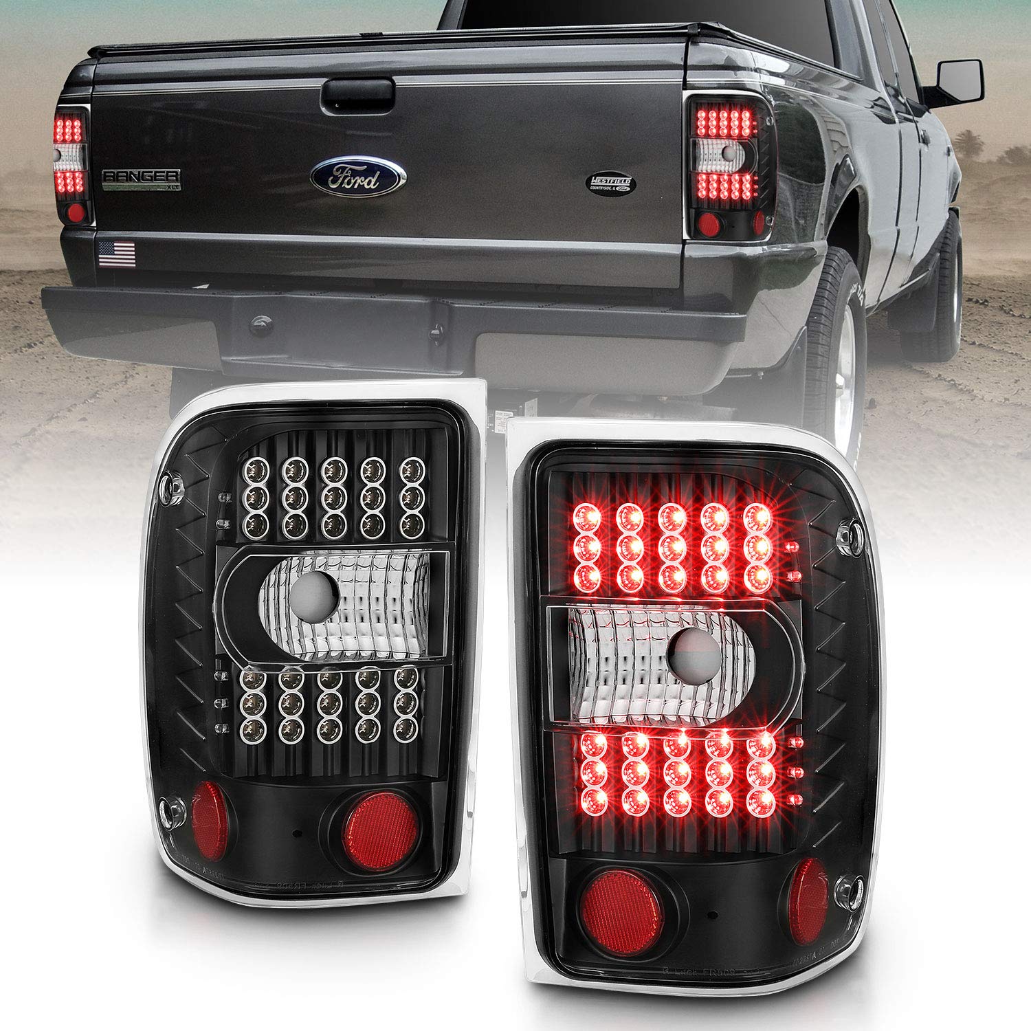 Amerilite Black Led Replacement Brake Tail Lights For 2001-2011 Ford Ranger - Passenger And Driver Side