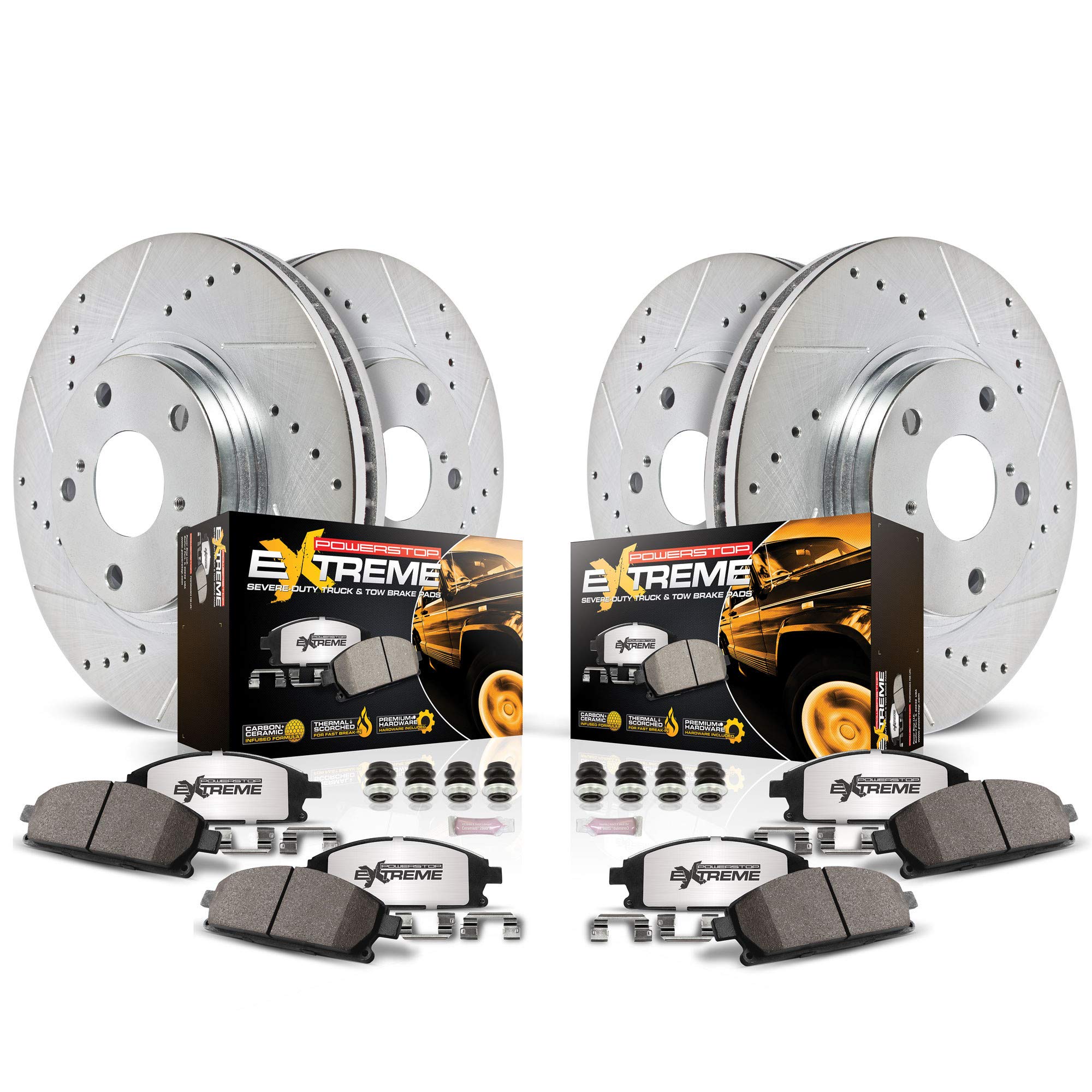 Power Stop K6268-36 Z36 Truck And Tow Front And Rear Drilled Slotted Brake Rotors And Carbon Fiber Ceramic Pads Brake Kit For 20