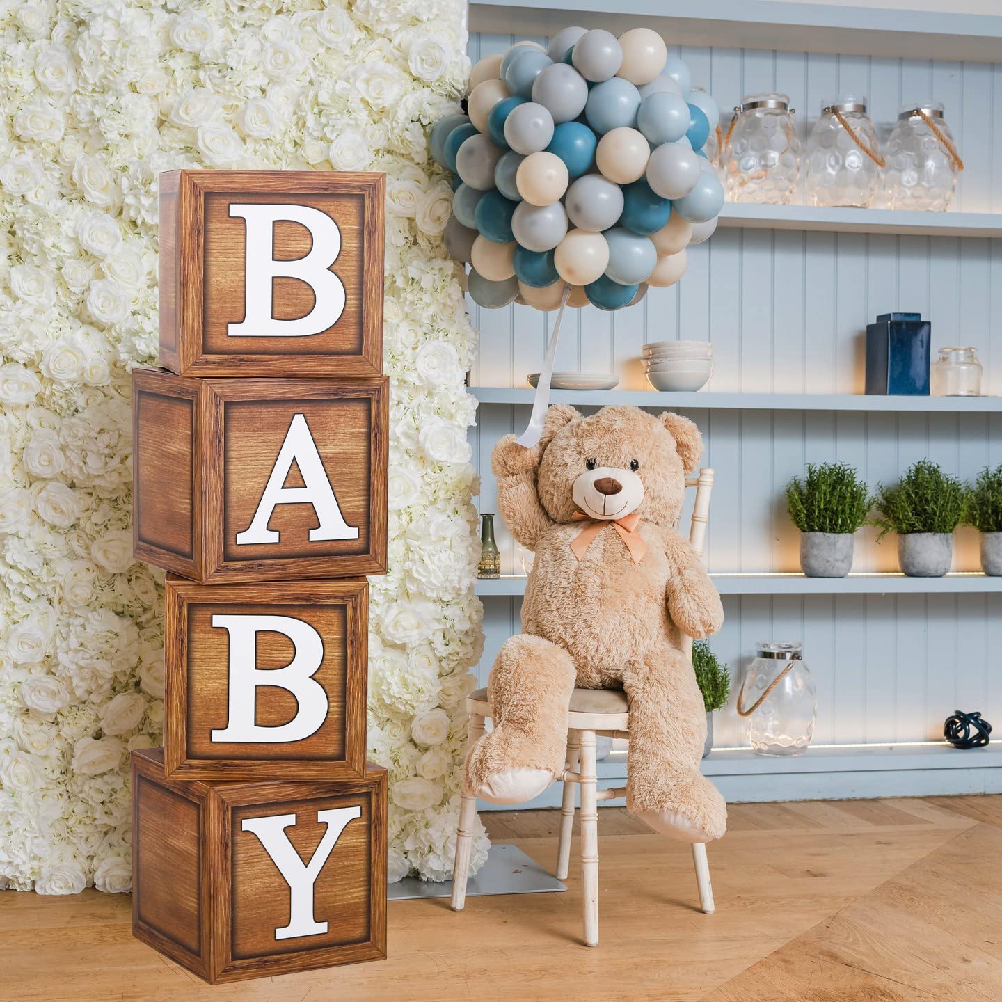 Baby Shower Boxes For Birthday Decorations - 4 Wood Grain Brown Baby Balloon Boxes, Baby Boxes For First Birthday Centerpiece De
