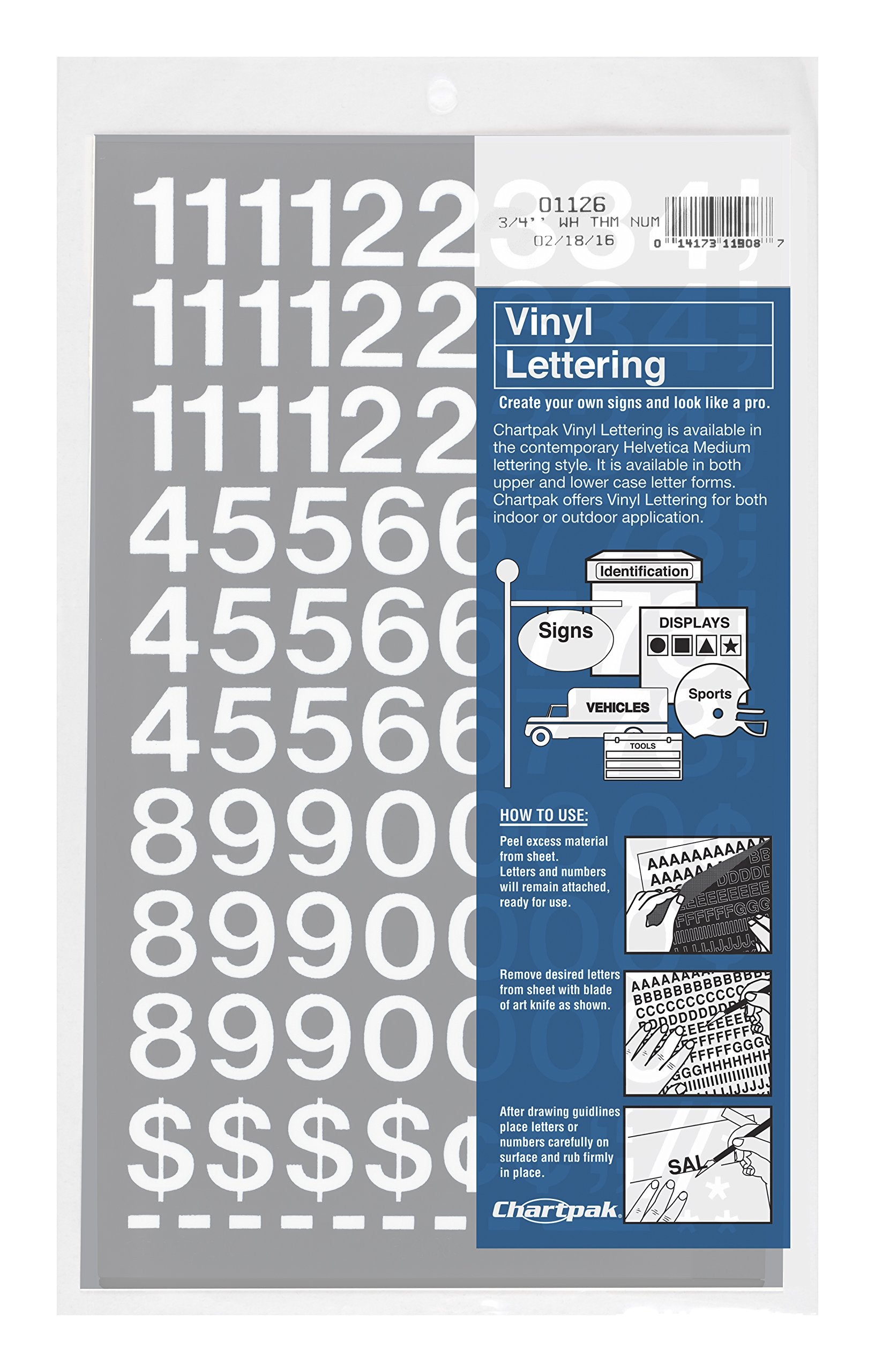 Chartpak Self-Adhesive Vinyl Numbers, 3/4 Inch High, White, 72 Per Pack (01126)