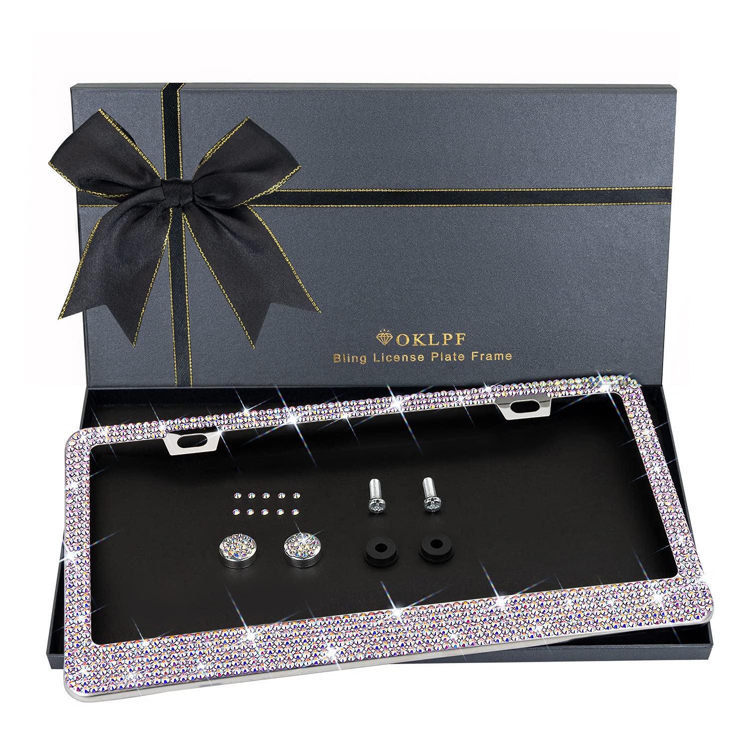 Oklpf Bling License Plate Frame For Women, 1Pcs Sparkly Stainless Steel License Plate Frames| Over 1000 Pcs 14 Facets Bedazzled