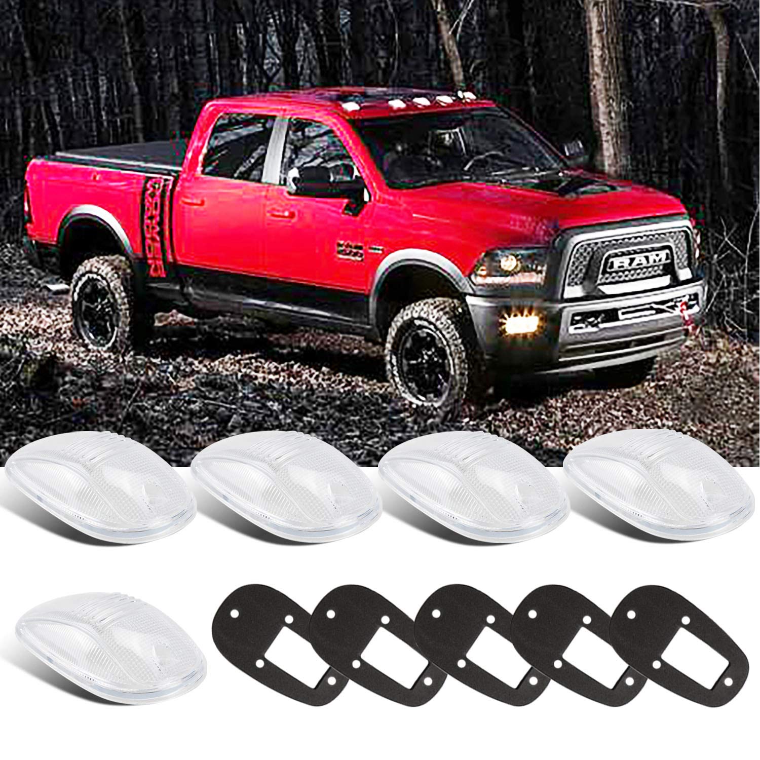 Tresound Cab Roof Marker Lights Cover For 2003-2016 Dodge Ram 1500 2500 3500 (Clear Lens)