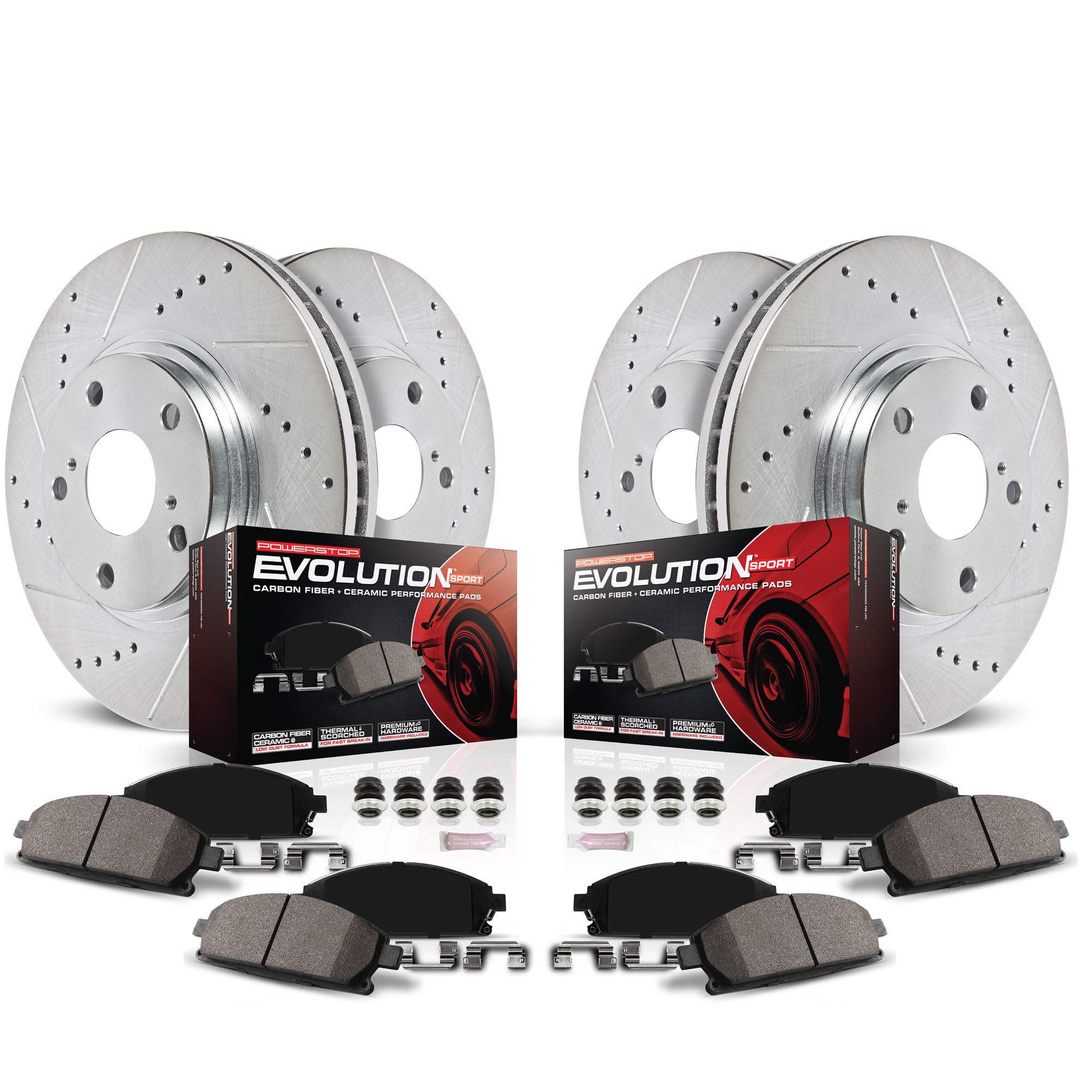 Power Stop Front And Rear Z23 Carbon-Fiber Ceramic Brake Pads And Drilled And Slotted Rotors Brake Kit [Vehicle Specific]