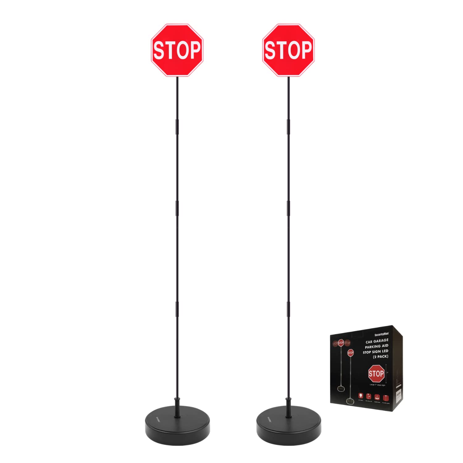 Securityman Led Stop Sign For Garage Parking Assist (2 Pack) - Stress Free - Large 7'' Sign, Bright Red Leds, Adjustable Height