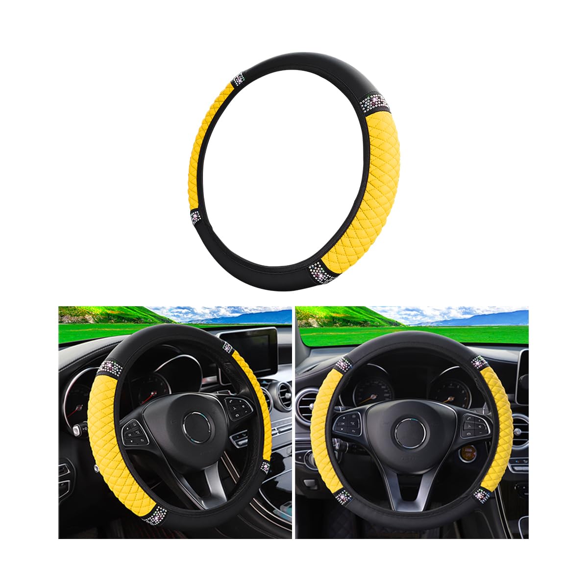 Osilly Bling Car Steering Wheel Cover, 15 Inch Rhinestones Soft Leather Elastic Steering Wheel Protector, Sparkly Crystal Diamon