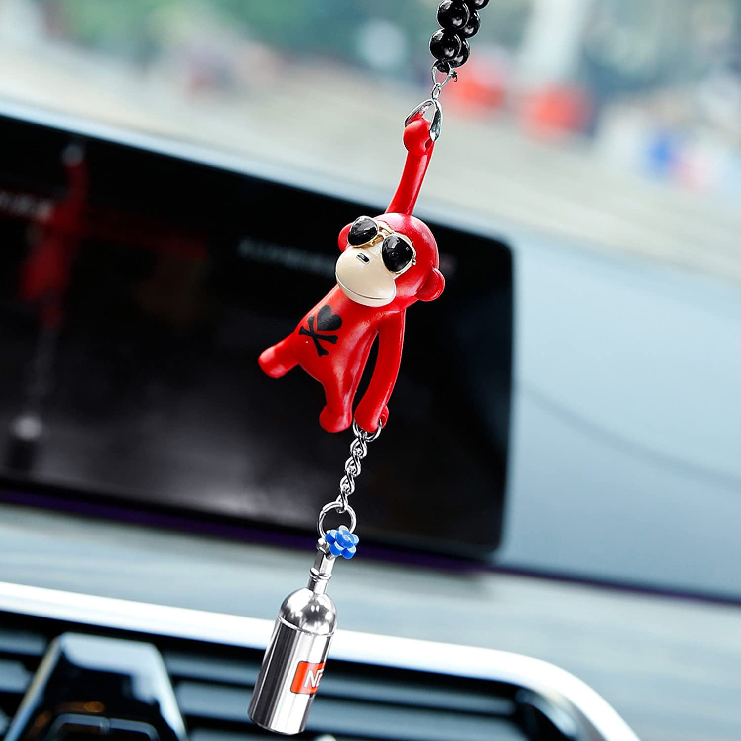 Ygmoner Wearing Sunglasses Monkey Car Interior Rear View Mirror Hanging Ornaments (Red & Nitrogen Bottle)