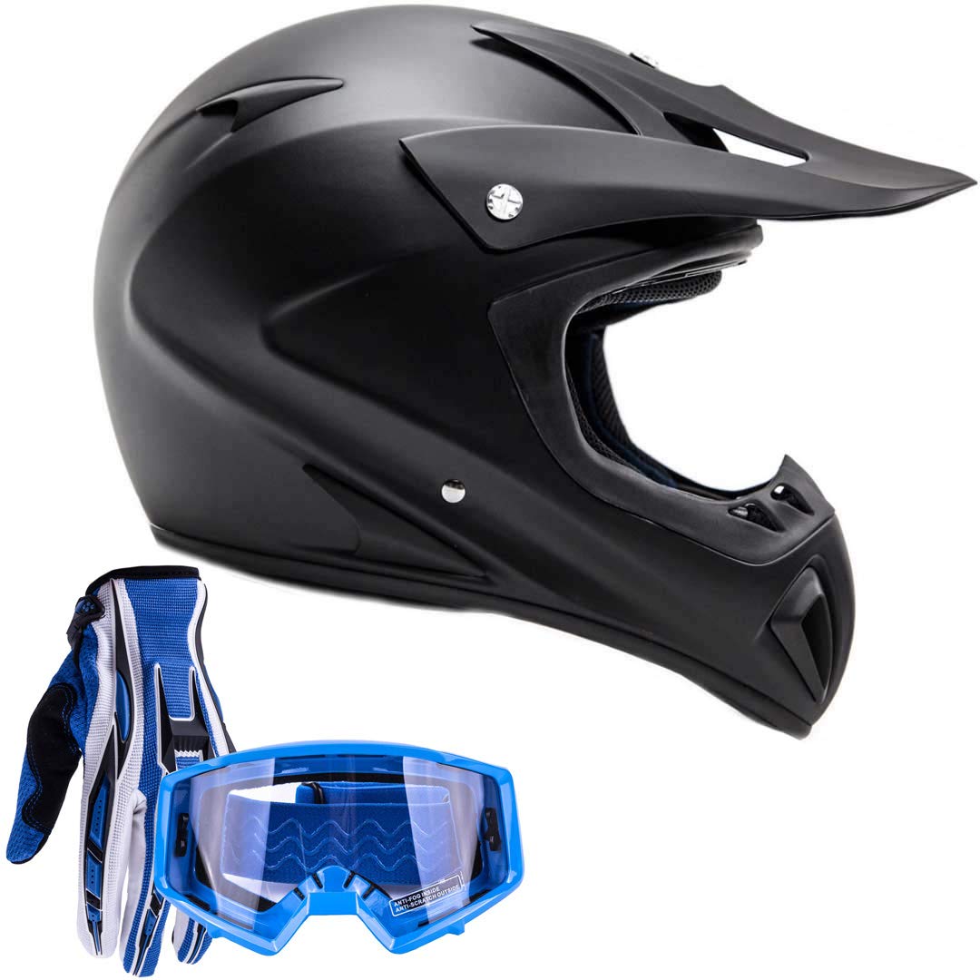Typhoon Adult Atv Mx Helmet Goggles Gloves Gear Combo Matte Black Blue ( Small )