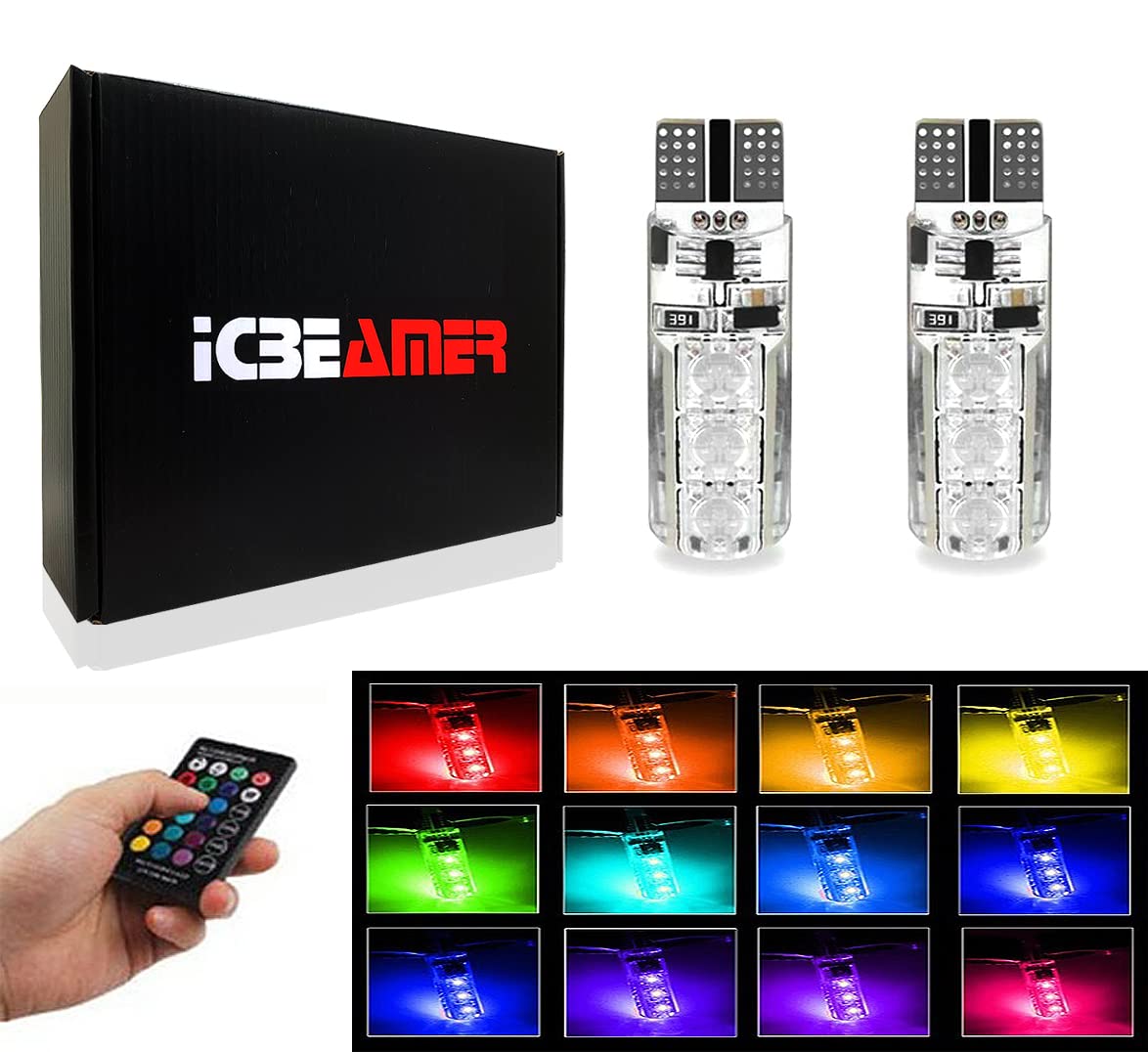ICBEAMER T10 194 168 RGB LED Bulbs - 16 Colors, Remote Control, Atmosphere Light for Map/Dome/License Plate/Parking - Pack of 1 Set