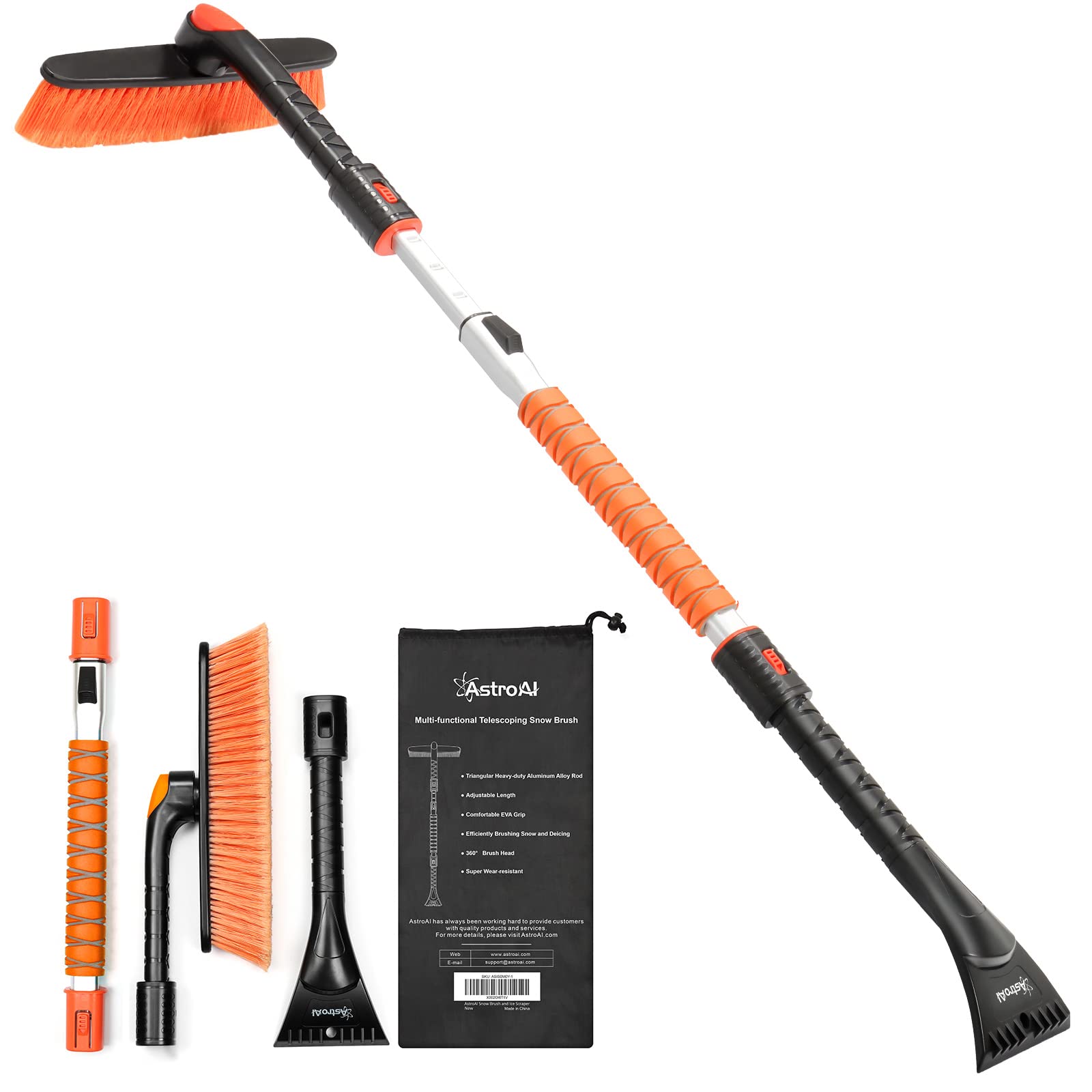 Astroai 47.2'' Ice Scraper And Extendable Snow Brush For Car Windshield With Foam Grip And 360