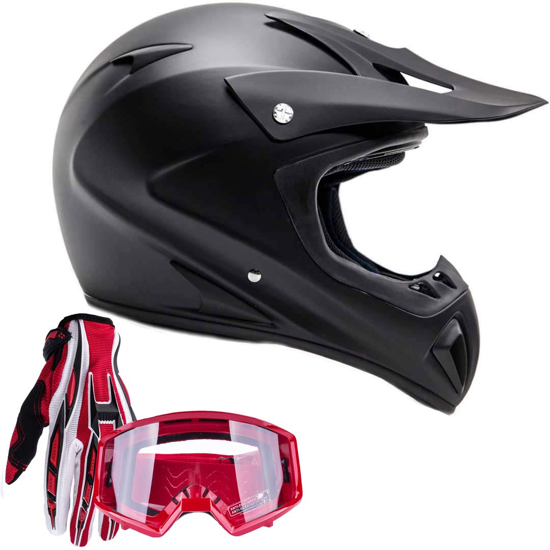 Typhoon Adult Atv Mx Helmet Goggles Gloves Gear Combo Matte Black Red ( Small )