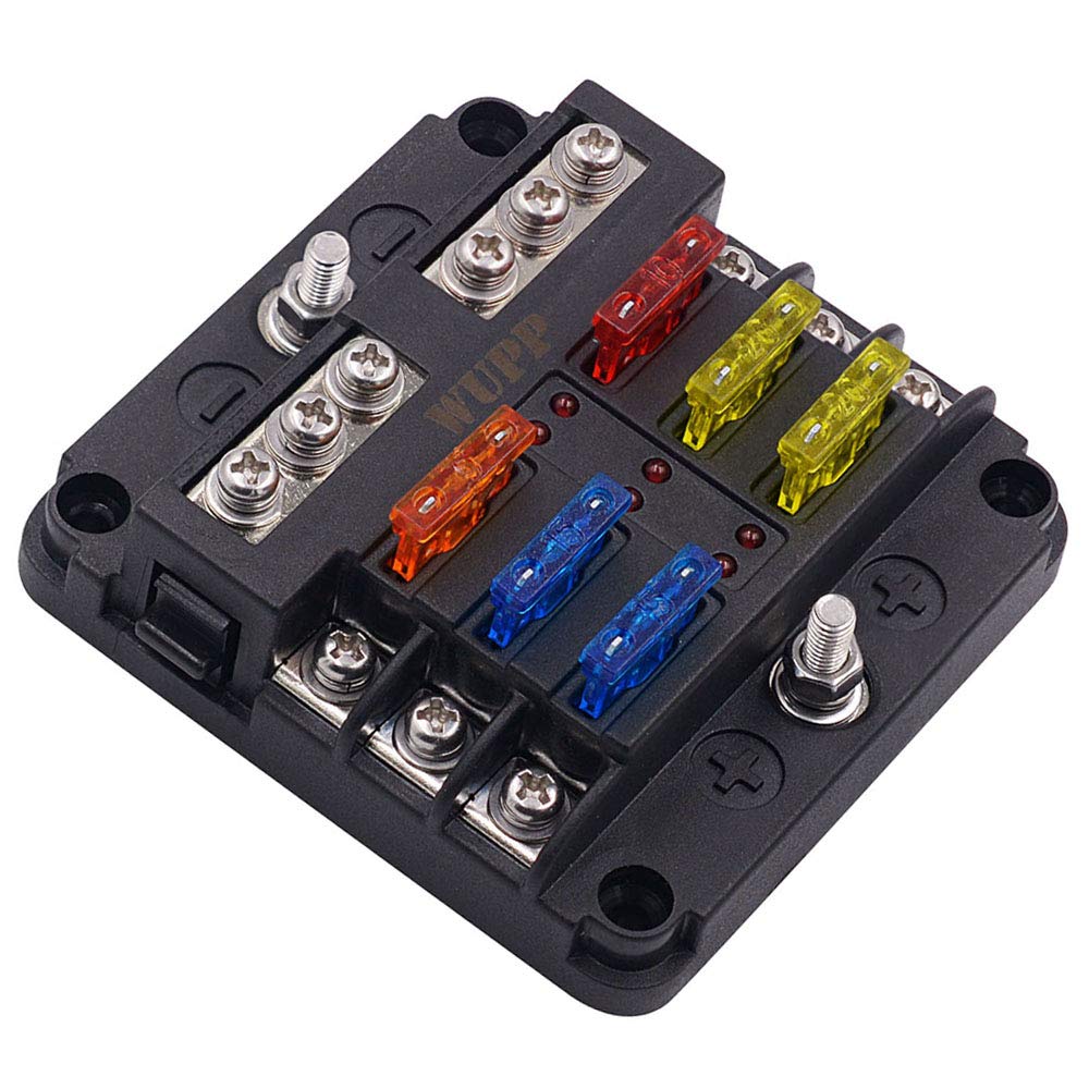 Wupp 12 Volt Fuse Block, Waterproof Boat Fuse Panel With Led Warning Indicator Damp-Proof Cover, 6 Circuits With Negative Bus Fu