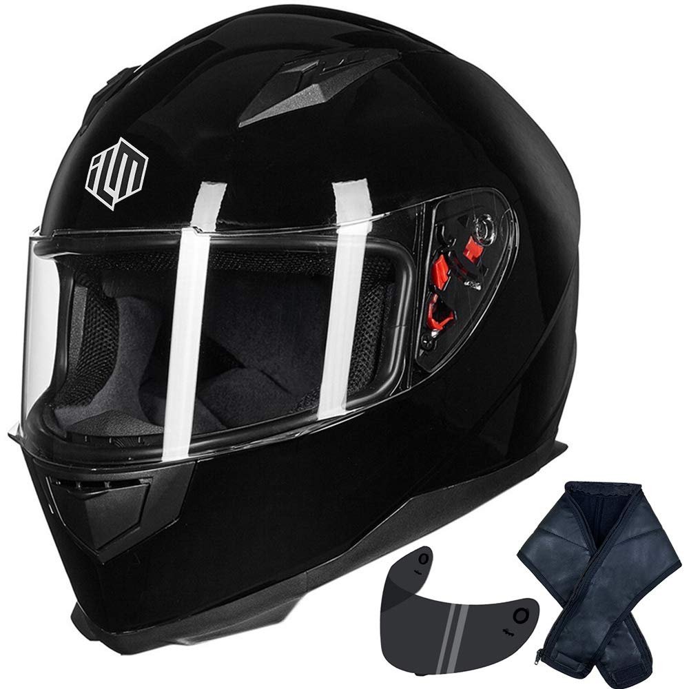 Ilm Full Face Motorcycle Street Bike Helmet With Removable Winter Neck Scarf + 2 Visors Dot Model-Jk313 (S, Gloss Black)