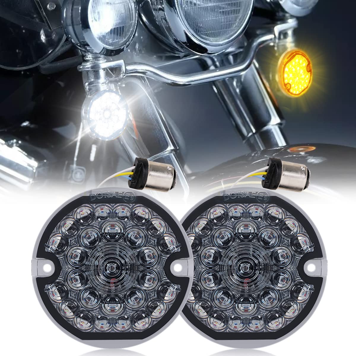 Audexen 3-1/4 Inch Front Led Turn Signal Flat Smoke Lens 1157 Base Amber And White Lamp Compatible With Harley Road Glide Road K