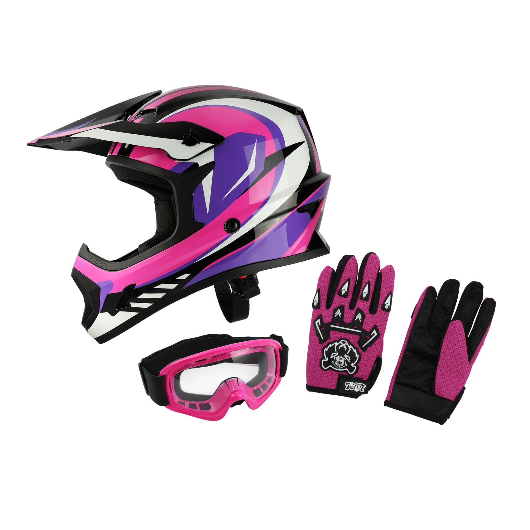 Xfmt Dot Youth Kids Motocross Offroad Street Dirt Bike Helmet Motorcycle Atv Full Face Helmet With Goggles Gloves, Rose Red Larg