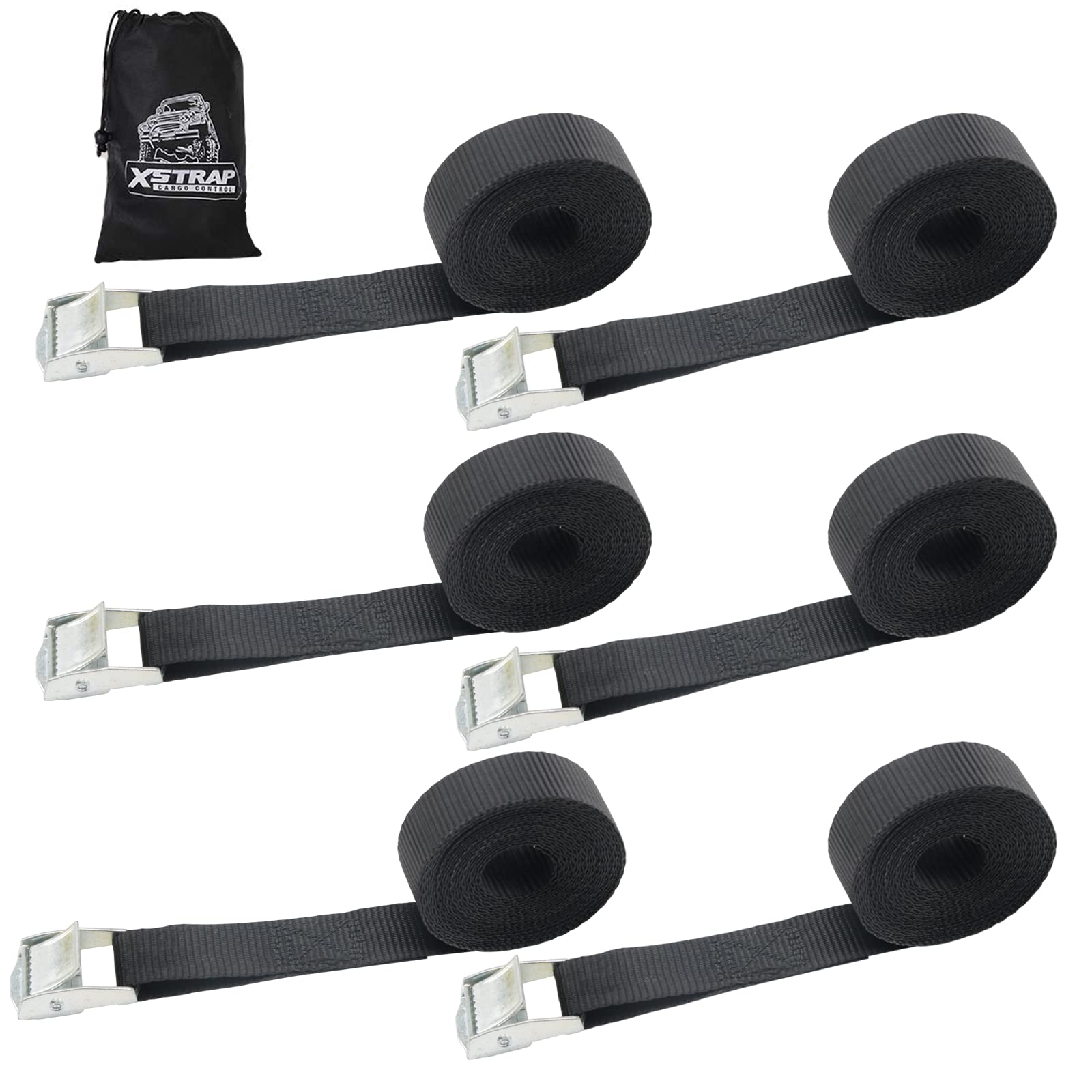 Xstrap Standard Cam Buckle Straps 6Pk 8Ft Powersports Tie-Downs 1-Inch Black Lashing Straps With Carry Bag, For Securing Cargo,
