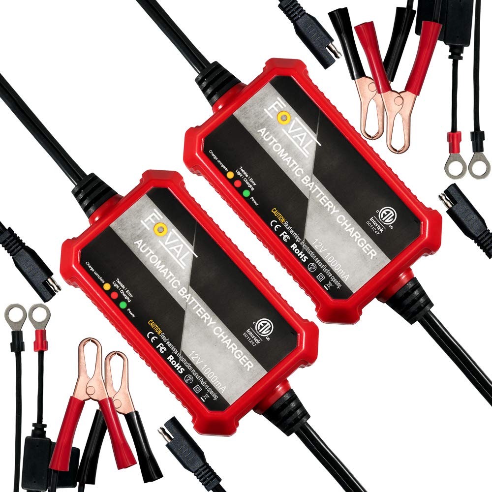 [2-Pack] Foval 1000Ma Battery Charger, 12V Automatic Smart Charger Battery Maintainer Trickle Charger For Motorcycle, Atvs, Rvs,