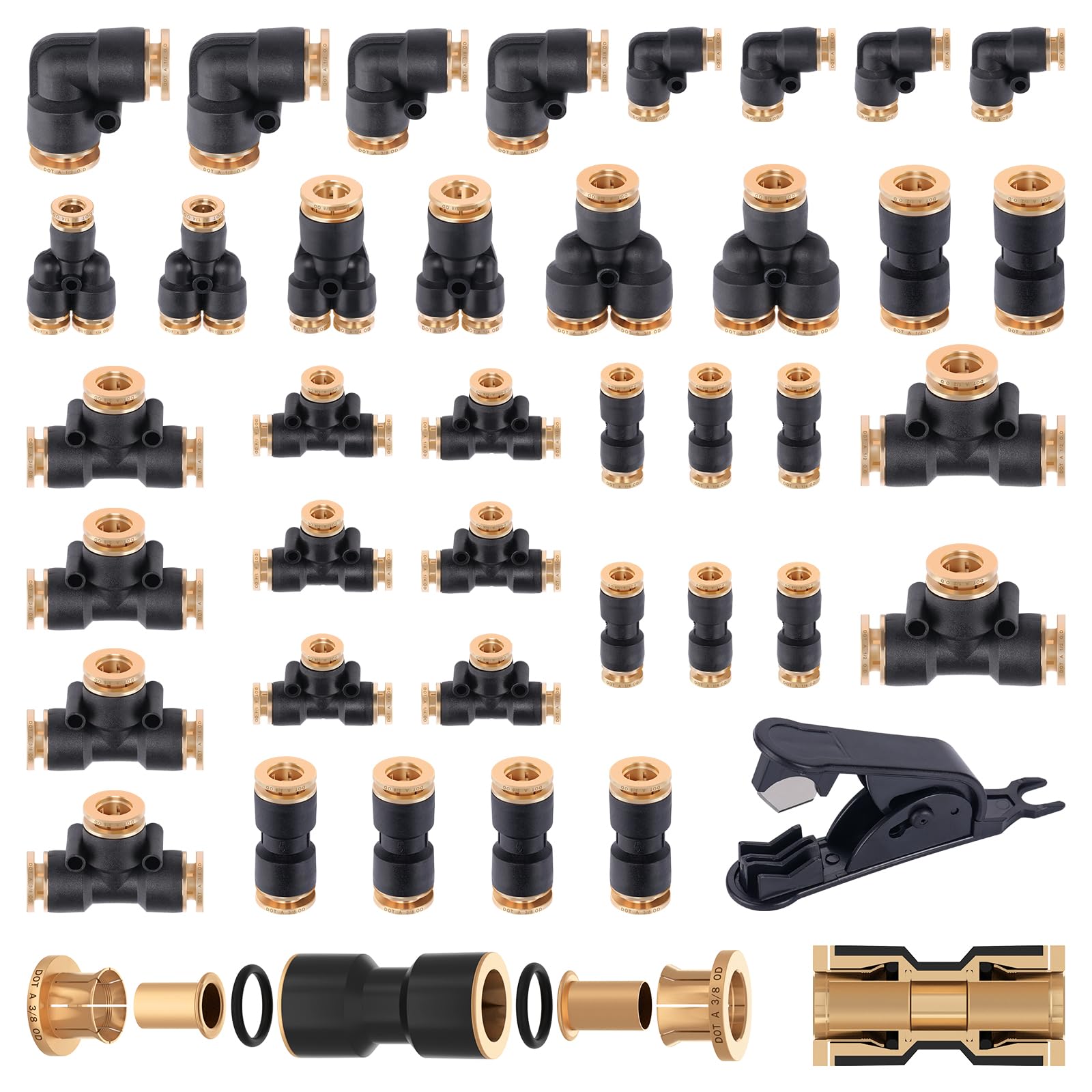 Cheemuii 39 Pcs Dot Air Line Quick Connect Fittings 1/4'' 3/8'' 1/2'' Push To Connect Fittings Dot Brass Air Hose Fittings Repai