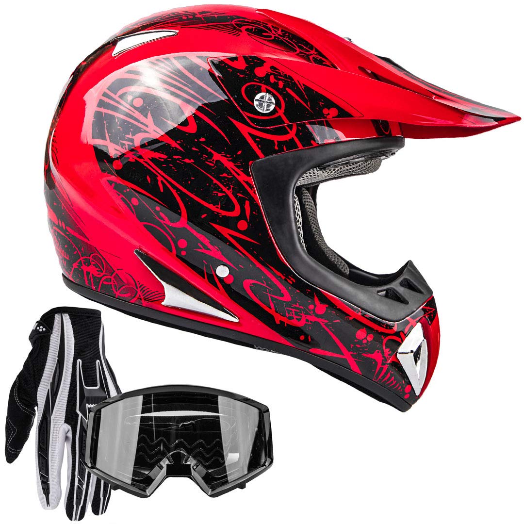 Typhoon Adult Atv Mx Helmet Goggles Gloves Gear Combo Black Red ( Small )