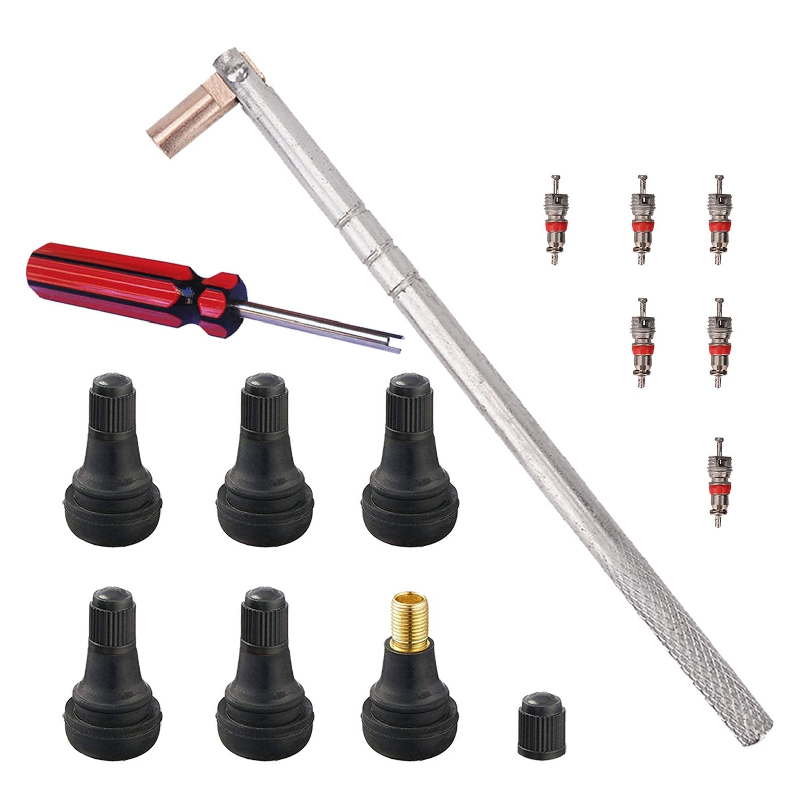 Febrytold Tire Valve Stem Tool Remover & Installation, 6 Pcs Tr412 Snap-In Valve Stems With Valve Stem Cores, 1 Pcs Single Head