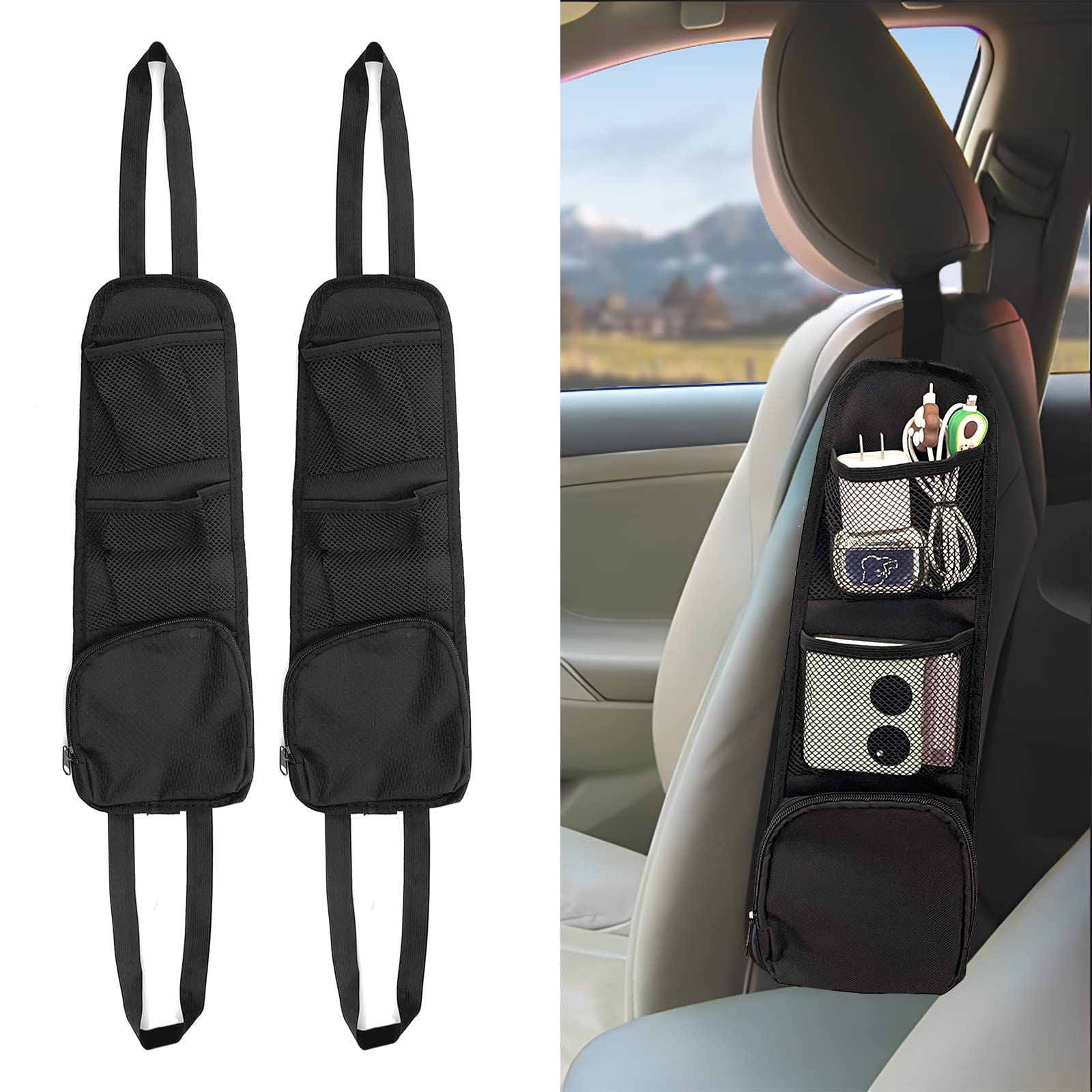Quicto 2Pcs Car Seat Storage Hanging Bag, Multi-Pocket Seat Side Organizer, Multifunctional Mesh Net Pocket, Can Hold Mobile Pho