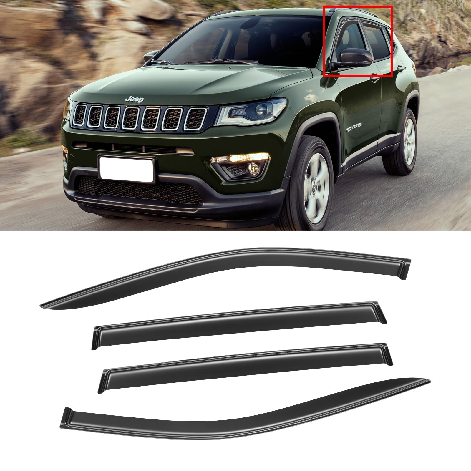 Window Visor For 2017-2023 Jeep Compass, Out-Channel Rain Guards Shields Vent Shade Deflector Wind Dark Smoke Ventshade Ventviso