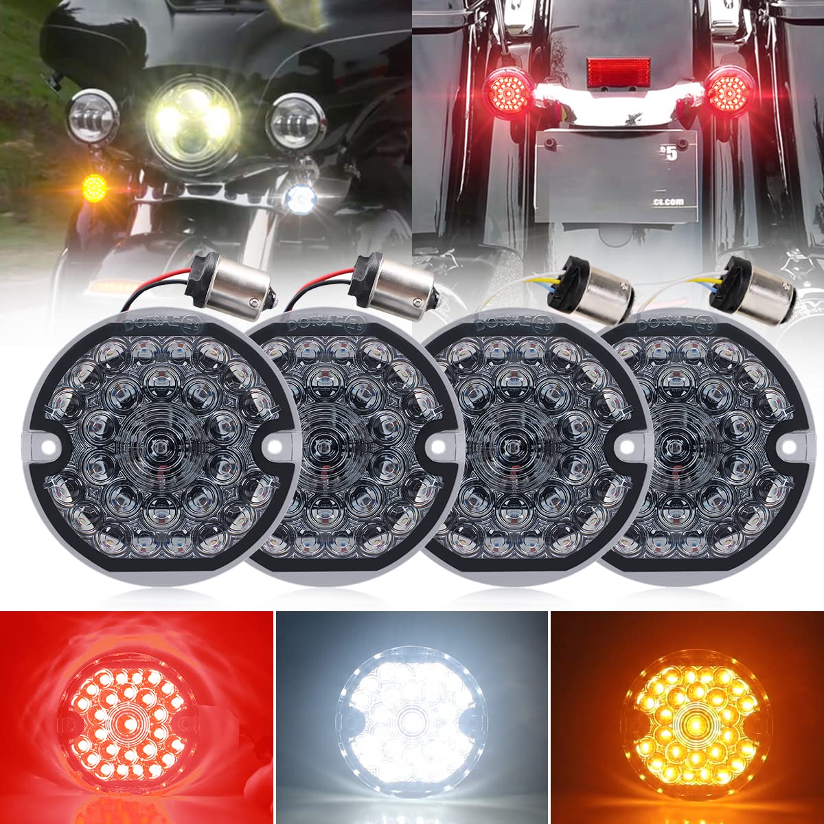 3-1/4 Inch Led Turn Signal Kit 1157 Double Base White/Amber Front Turn Signal + 1156 Single Connector Red Rear Signal Lights Com