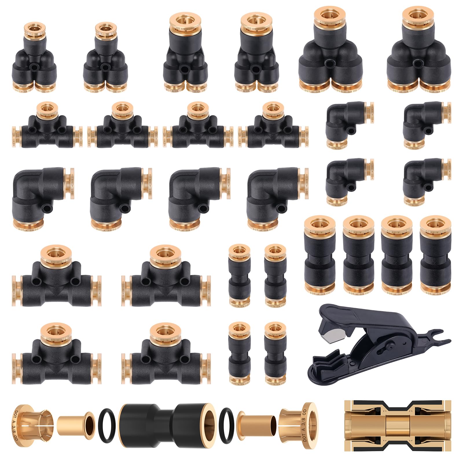 Cheemuii 31 Pcs Dot Air Brake Line Fittings 1/4'' 3/8'' Push To Connect Fittings Quick Connect Air Hose Fittings Repair Kit For