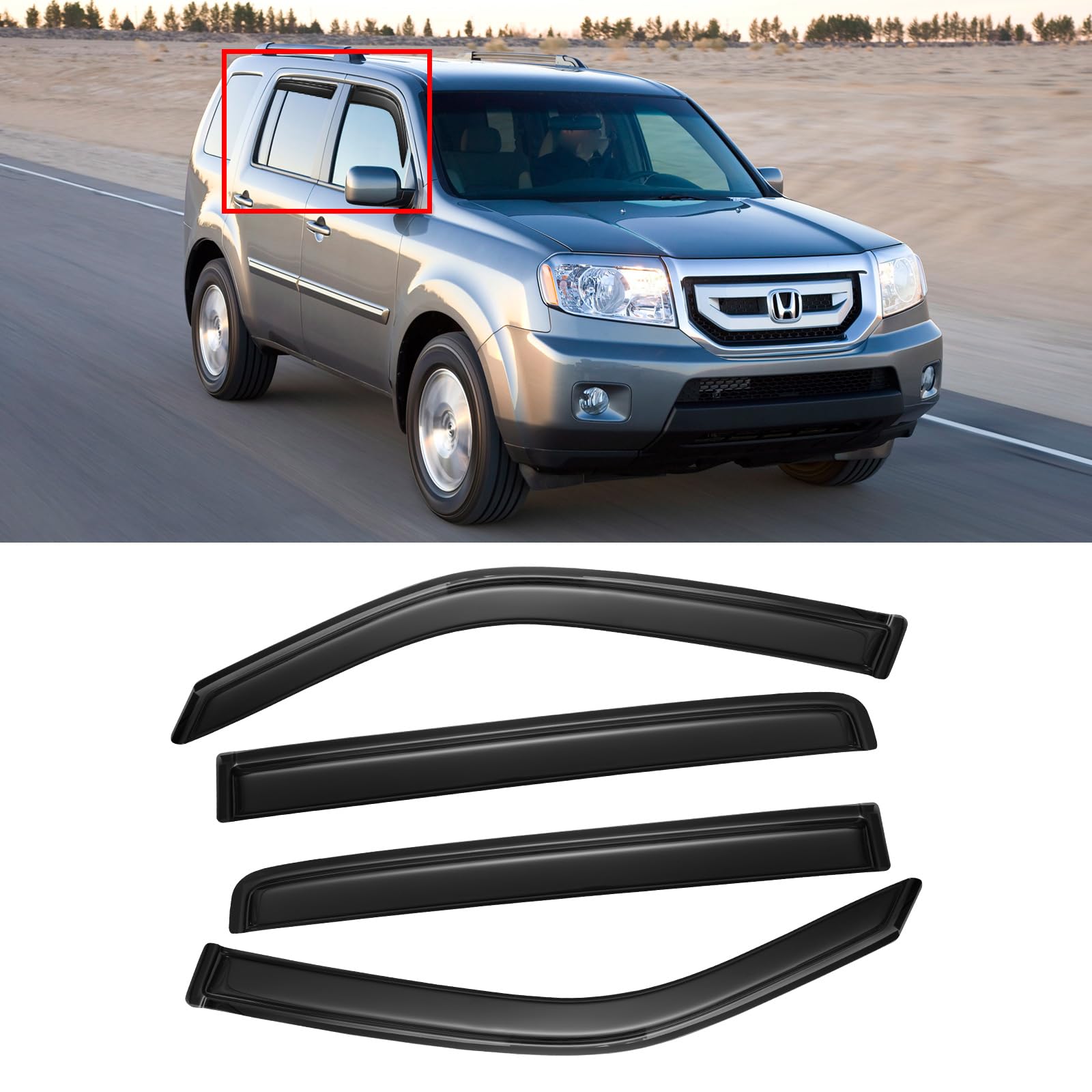 Cmvt Auto Window Visors For 2009-2015 Honda Pilot, Rain Guards Shields Vent Shade Deflector Dark Smoke 2010 2011 2012 2013 2014,
