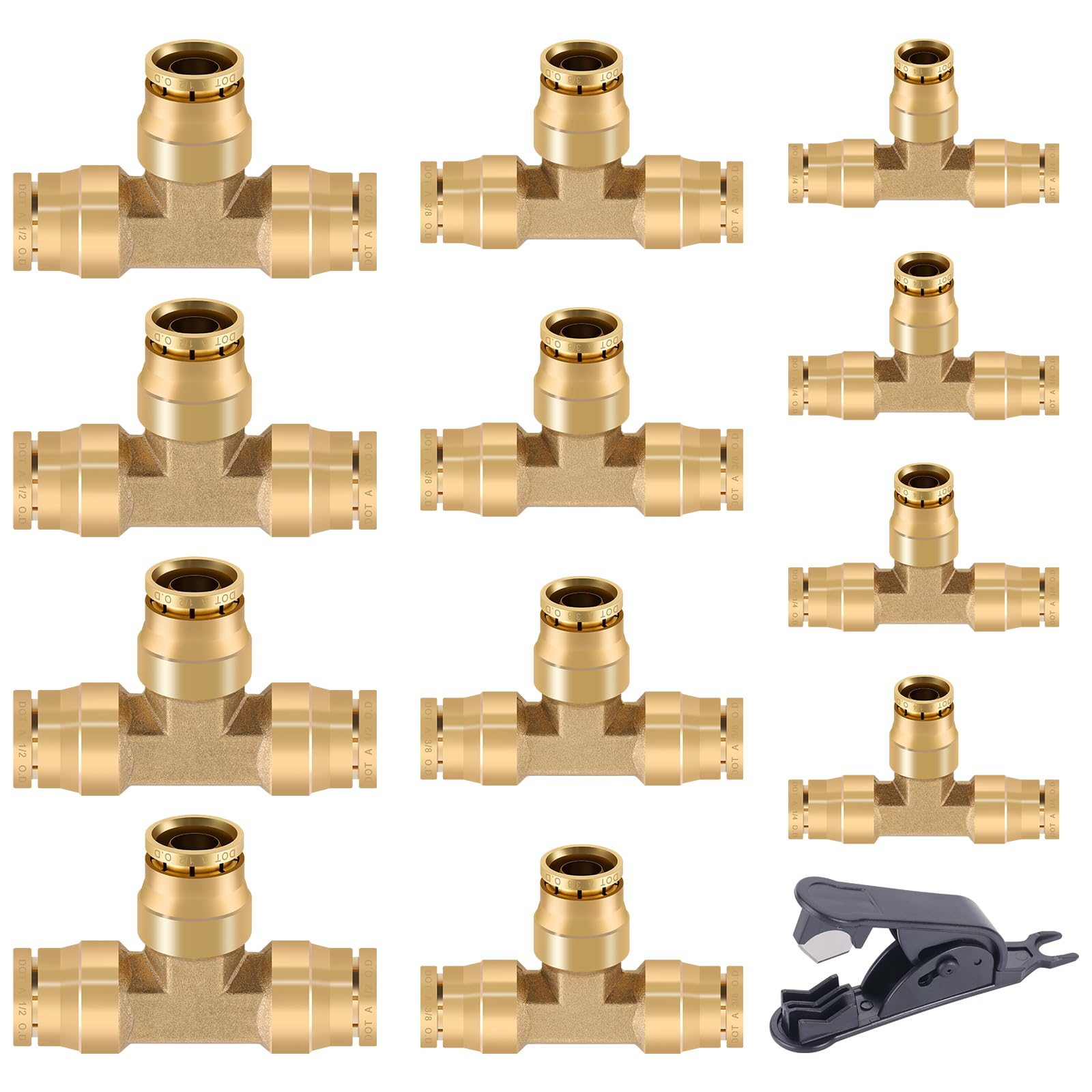 Cheemuii 13 Pcs Brass Dot Air Line Fittings Kit 1/4 3/8 1/2 Dot Quick Connect Air Fittings Tee Union Push To Connect Air Hose Fi
