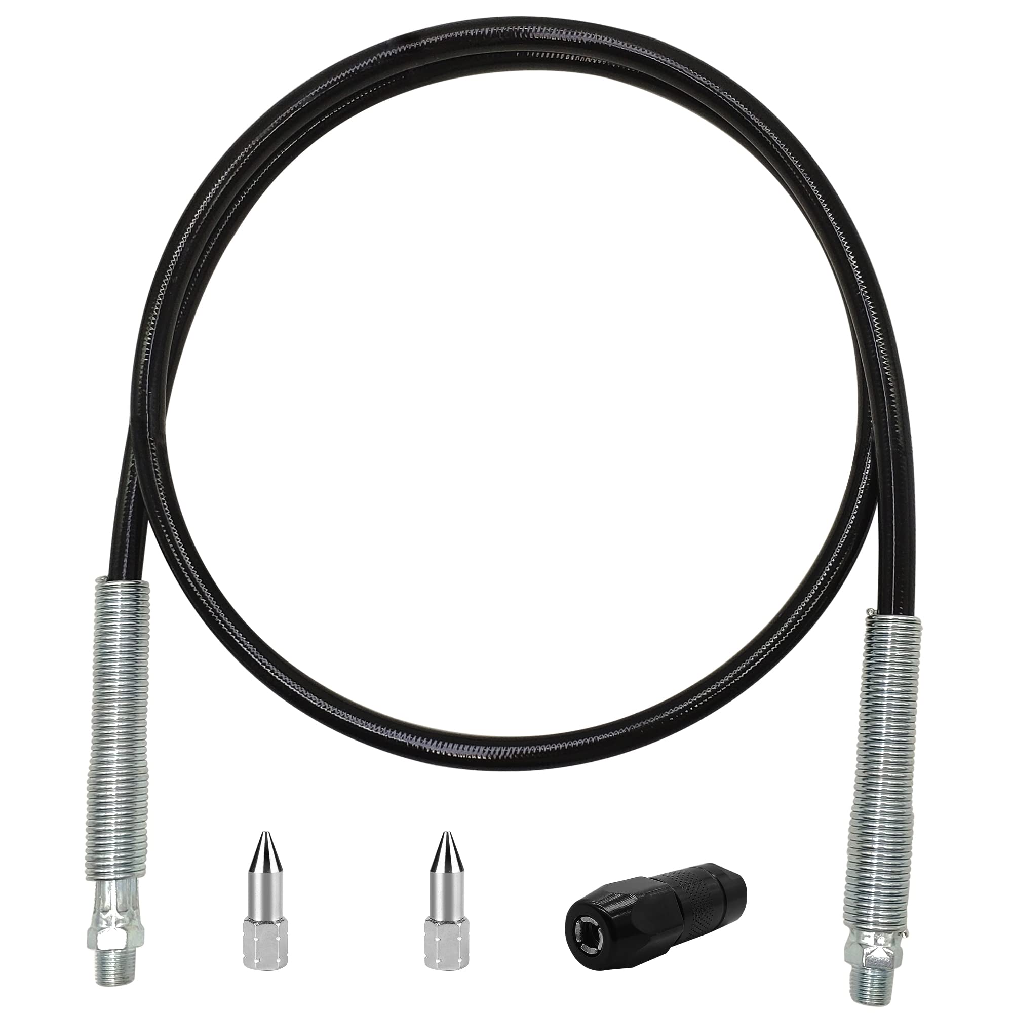 4-Piece Grease Gun Hose Kit, Grease Gun Accessories Set Includes 47In Flex Grease Hose Extension, 4-Jaw Standard Grease Couplers