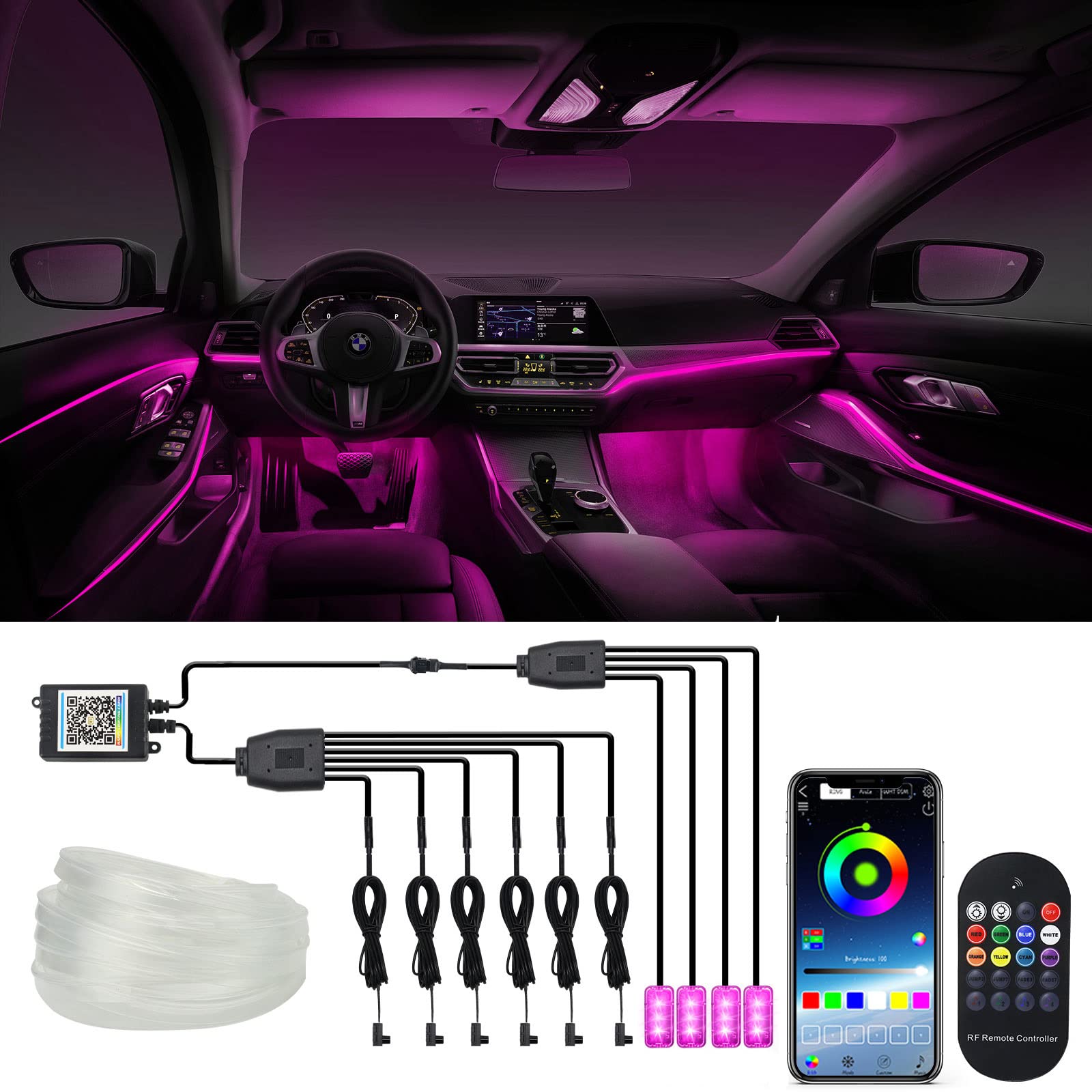 10 In 1 Car Interior Light Kit, Ambient Lighting Kits With 315 Inches Fiber Optic, App Control, Car Accessories Multicolor Rgb N