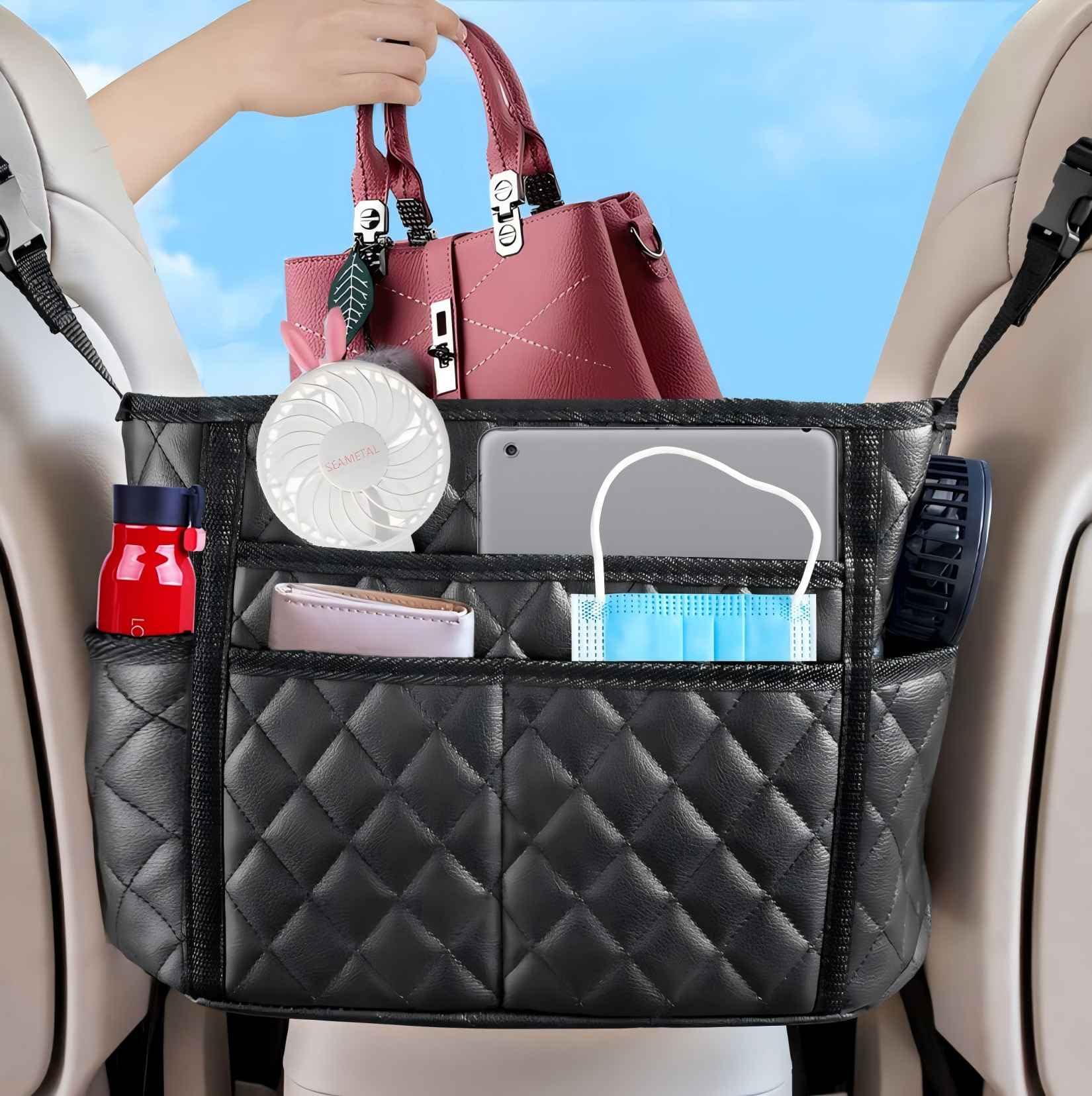 Seametal Car Purse Holder Between Seats,Car Handbag Holder For Front Seat,Between Seat Purse Holder Pu Leather (8 Pockets)