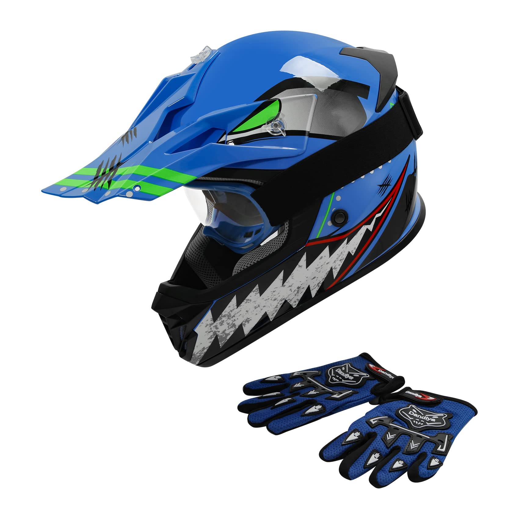 Xfmt Dot Youth Kids Motocross Offroad Street Dirt Bike Helmet Goggles Gloves Atv Mx Helmet, Blue Shark
