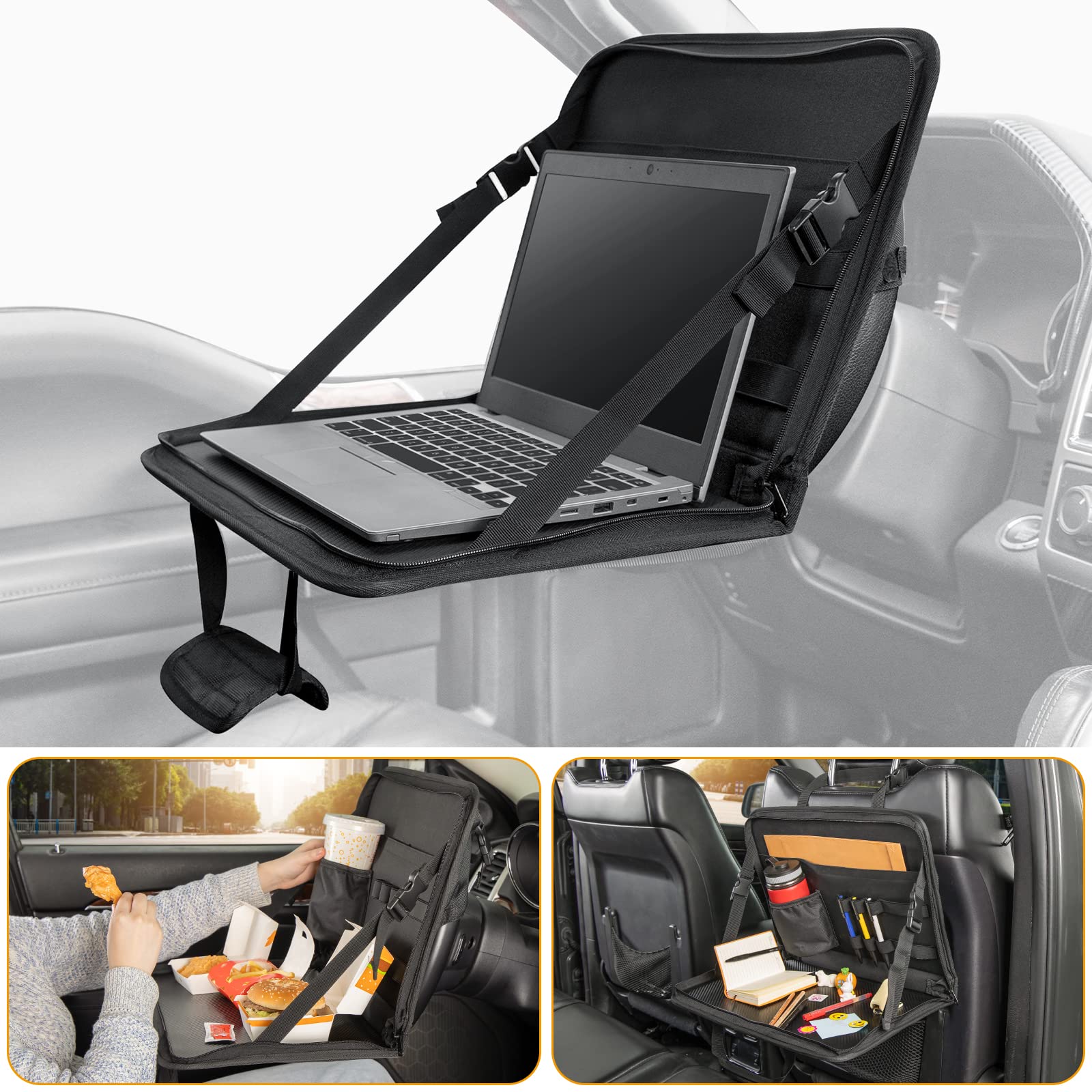 JOYTUTUS 3 in 1 Steering Wheel Eating Tray - Large Black Car Back Seat Desk & Organizer for Kids, Commuters, and Family